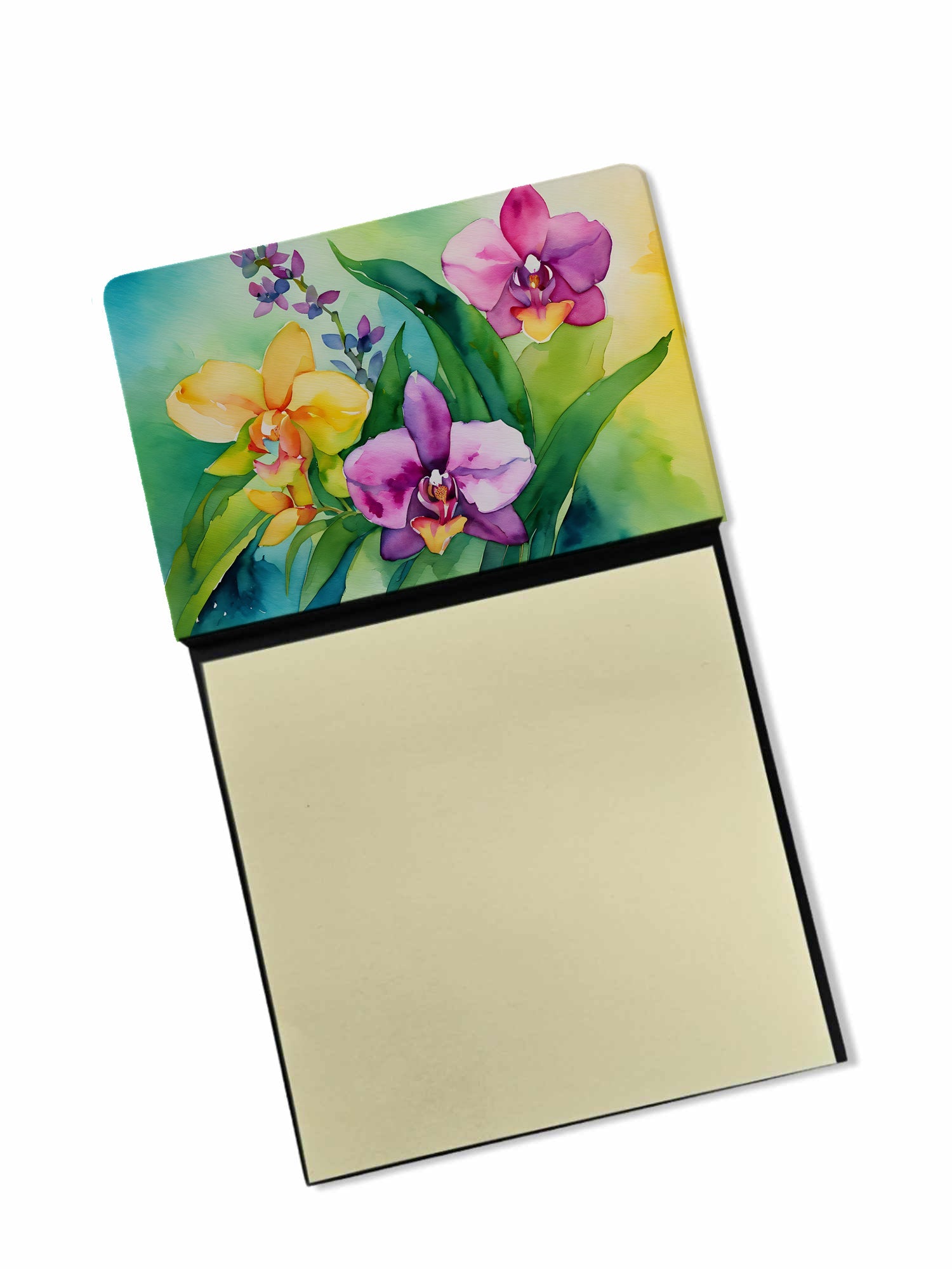 Orchids in Watercolor Watercolor Sticky Note Holder Refillable Dispenser Desk Accessory 3x3 Pad Gift