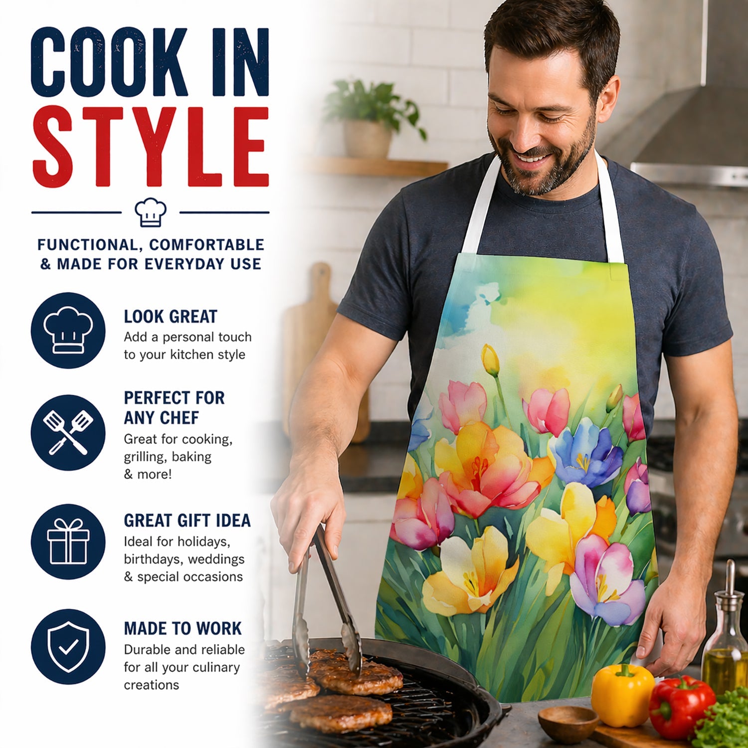 Freesias in Watercolor Apron Cooking Kitchen Server Baking Crafts Gardening for Adult Women Men, Unisex, Large, Multicolor