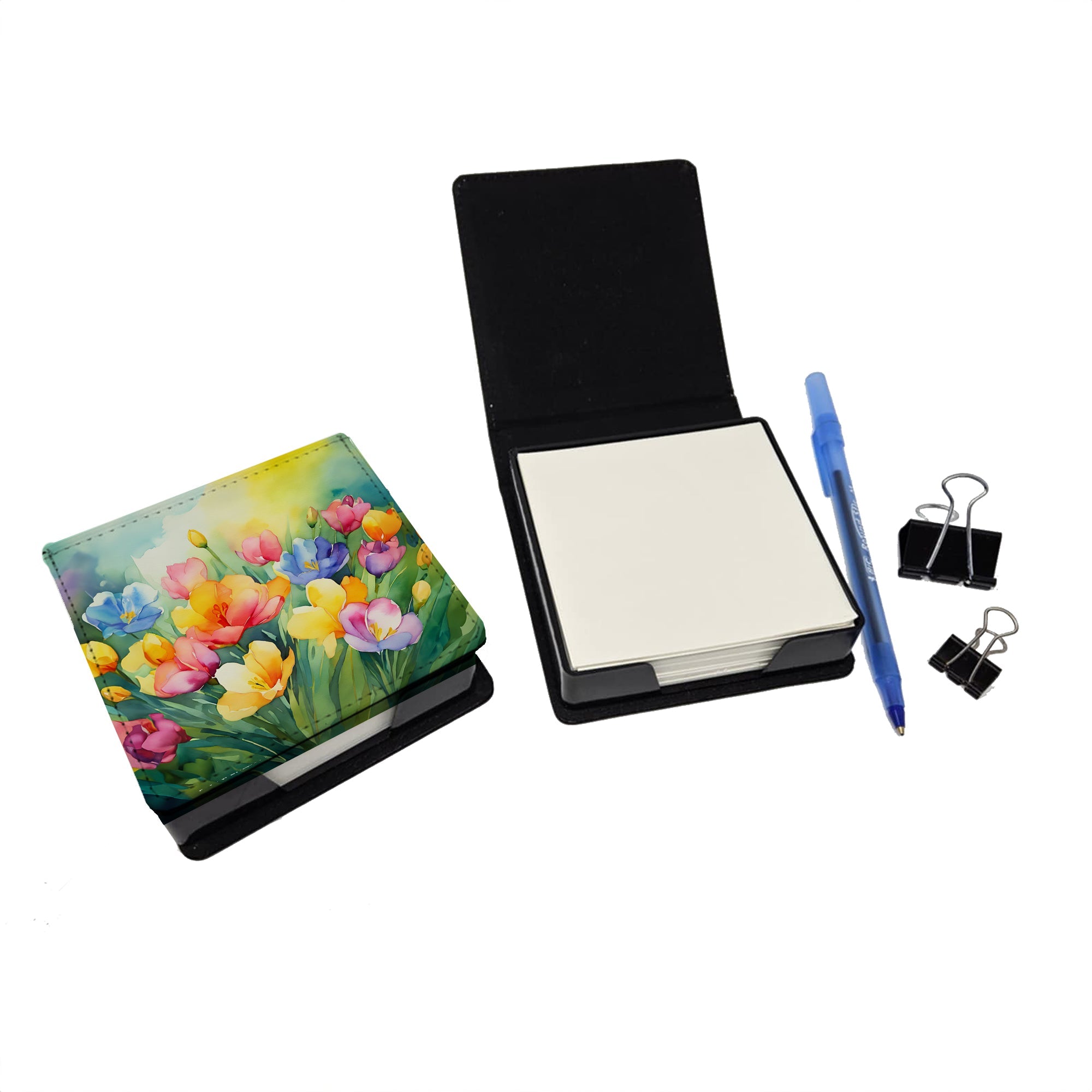 Freesias in Watercolor PU Leather Note Paper Holder with Artist-Designed Cover, Desk Accessory, Office Gift