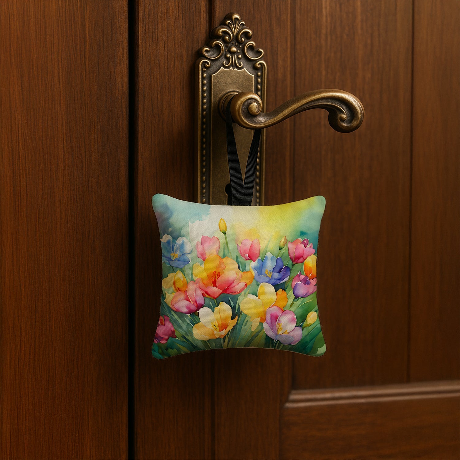 Freesias in Watercolor Hanging Square Fabric Ornament 3.5 × 3.5 Decorative Door-Knob & Tree Hanger, Soft Fabric