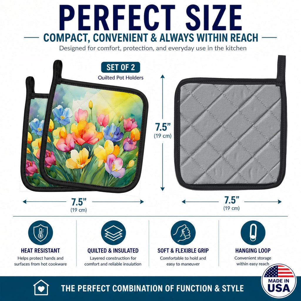 Freesias in Watercolor Pot Holder Set of 2 Heat Resistant Quilted Hot Pads 7.5 x 7.5 Inch, Insulated Kitchen Trivets for Cooking & Baking