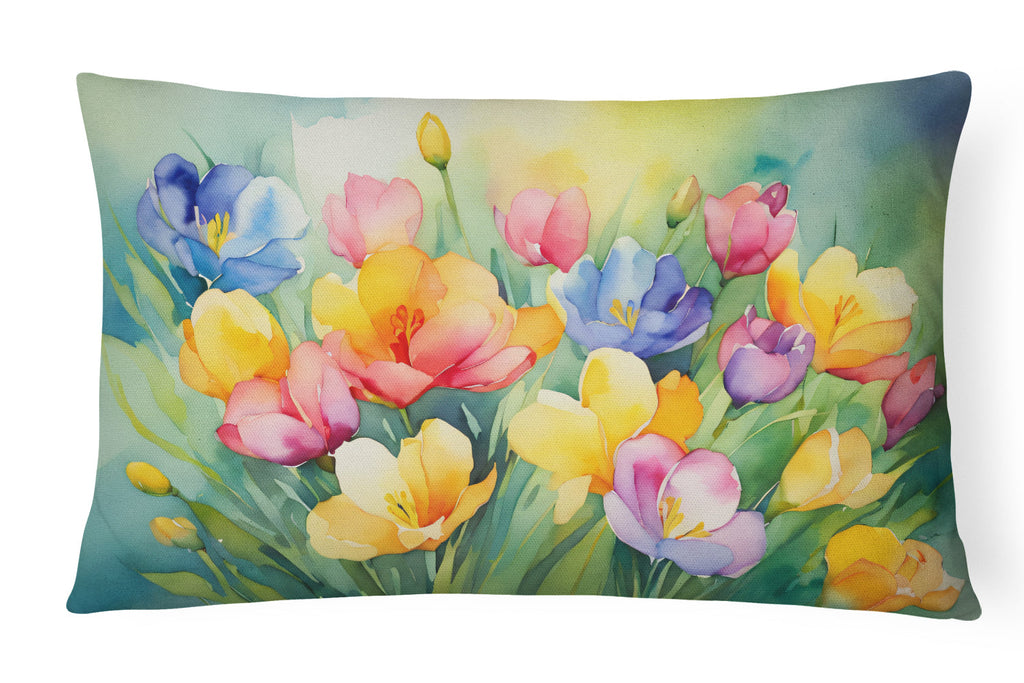 Freesias in Watercolor Decorative Throw Pillow 12x16 Indoor Outdoor Accent Cushion, Fabric Cover with Insert for Sofa, Bed, Porch & Living Room