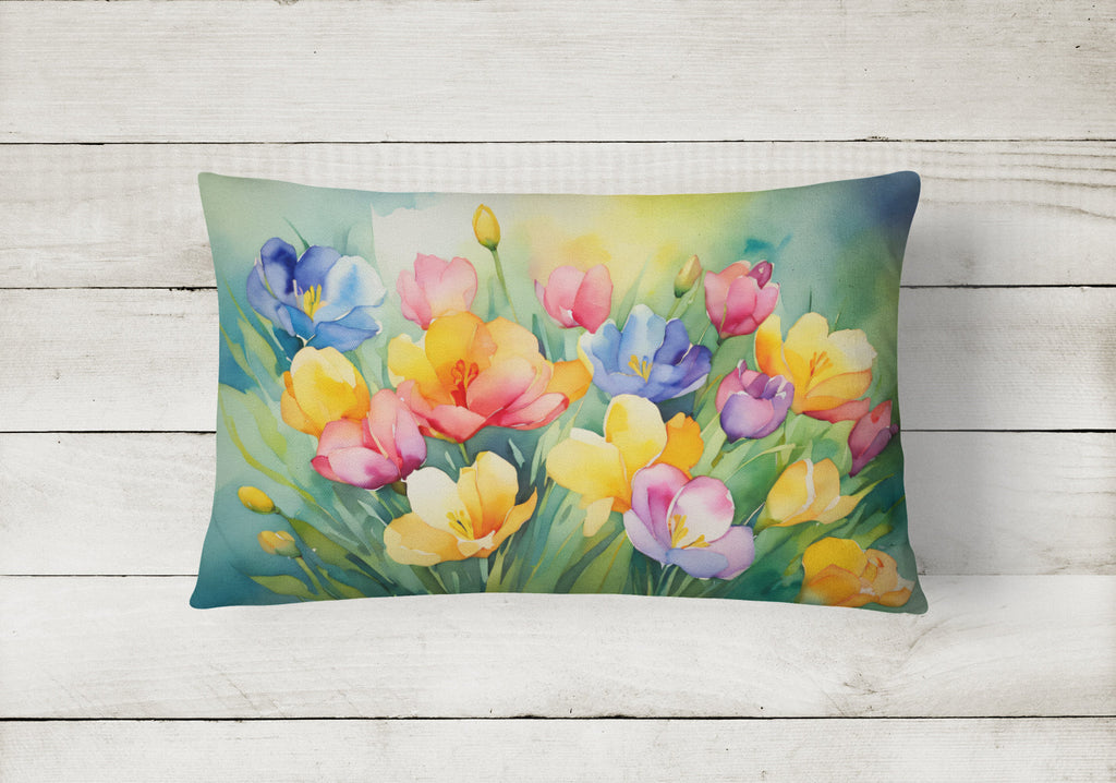 Freesias in Watercolor Decorative Throw Pillow 12x16 Indoor Outdoor Accent Cushion, Fabric Cover with Insert for Sofa, Bed, Porch & Living Room