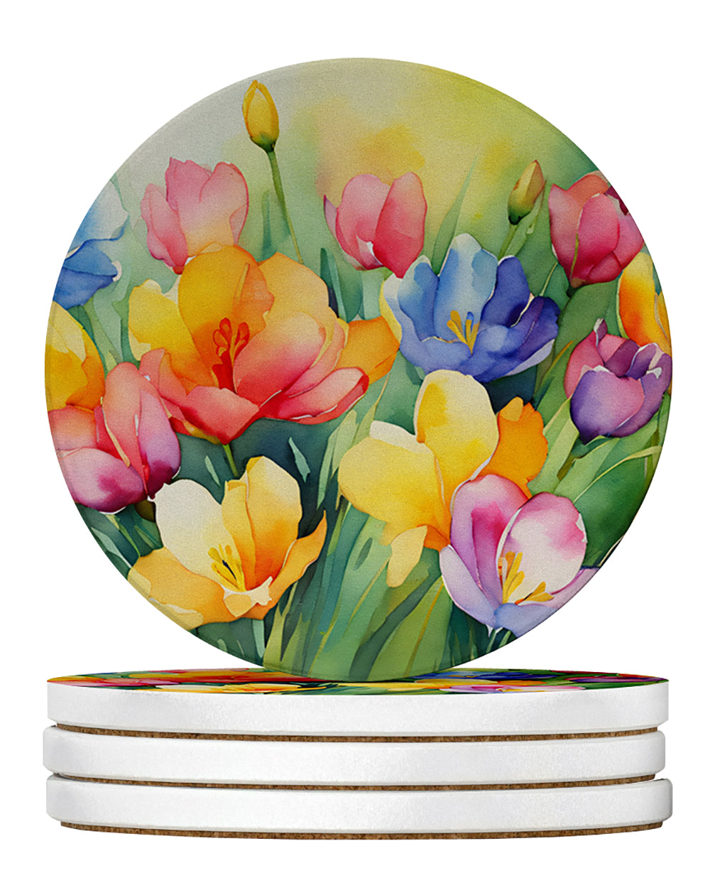 Freesias in Watercolor Large Sandstone Coasters Pack of 4 Absorbent Round Coasters Decor Gifts for Men or Women, 4 in, Multicolor