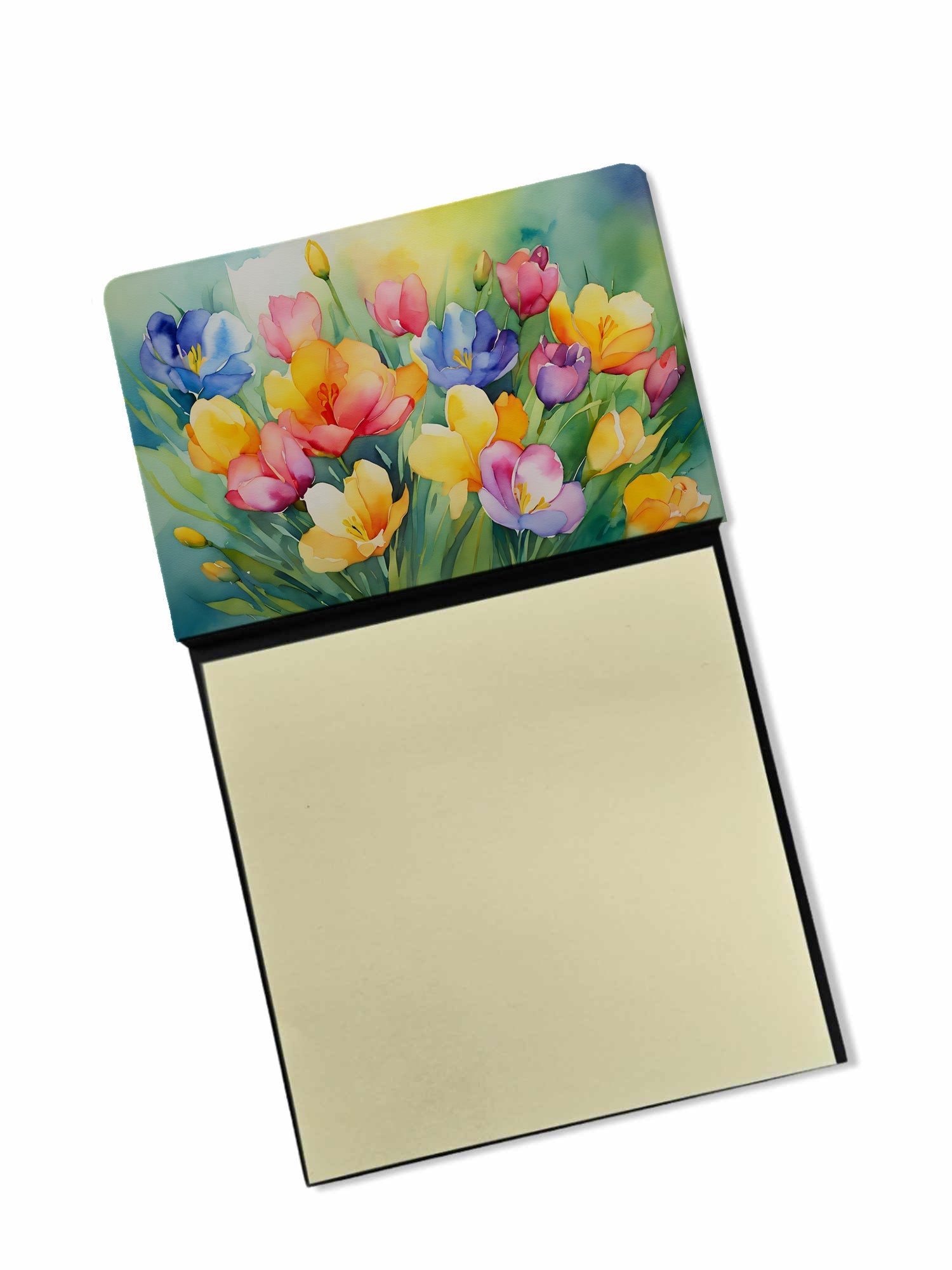 Freesias in Watercolor Watercolor Sticky Note Holder Refillable Dispenser Desk Accessory 3x3 Pad Gift