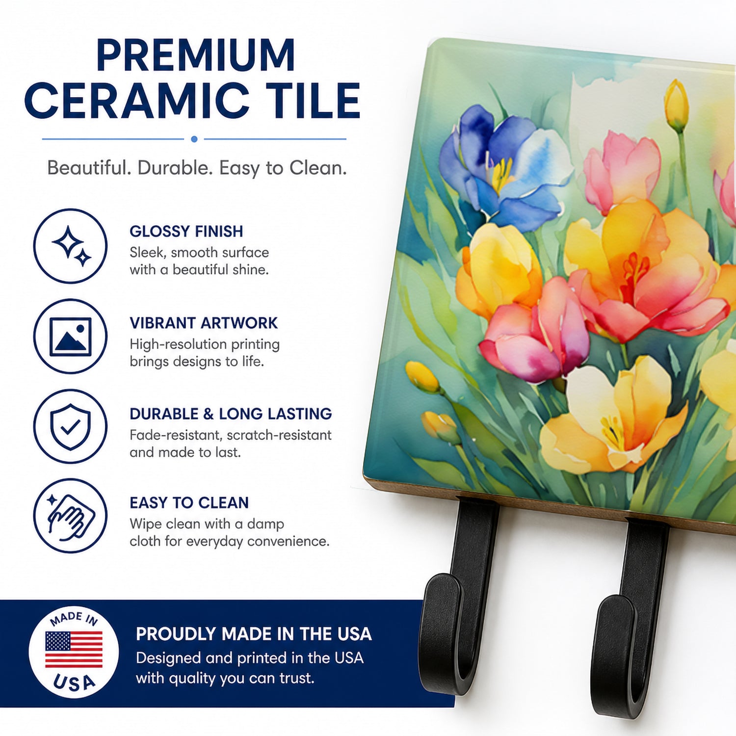 Freesias in Watercolor Leash or Key Holder Wall Hooks, Coat Rack Wall Mount, for Hanging Keys, Towels, Aprons, Leashes
