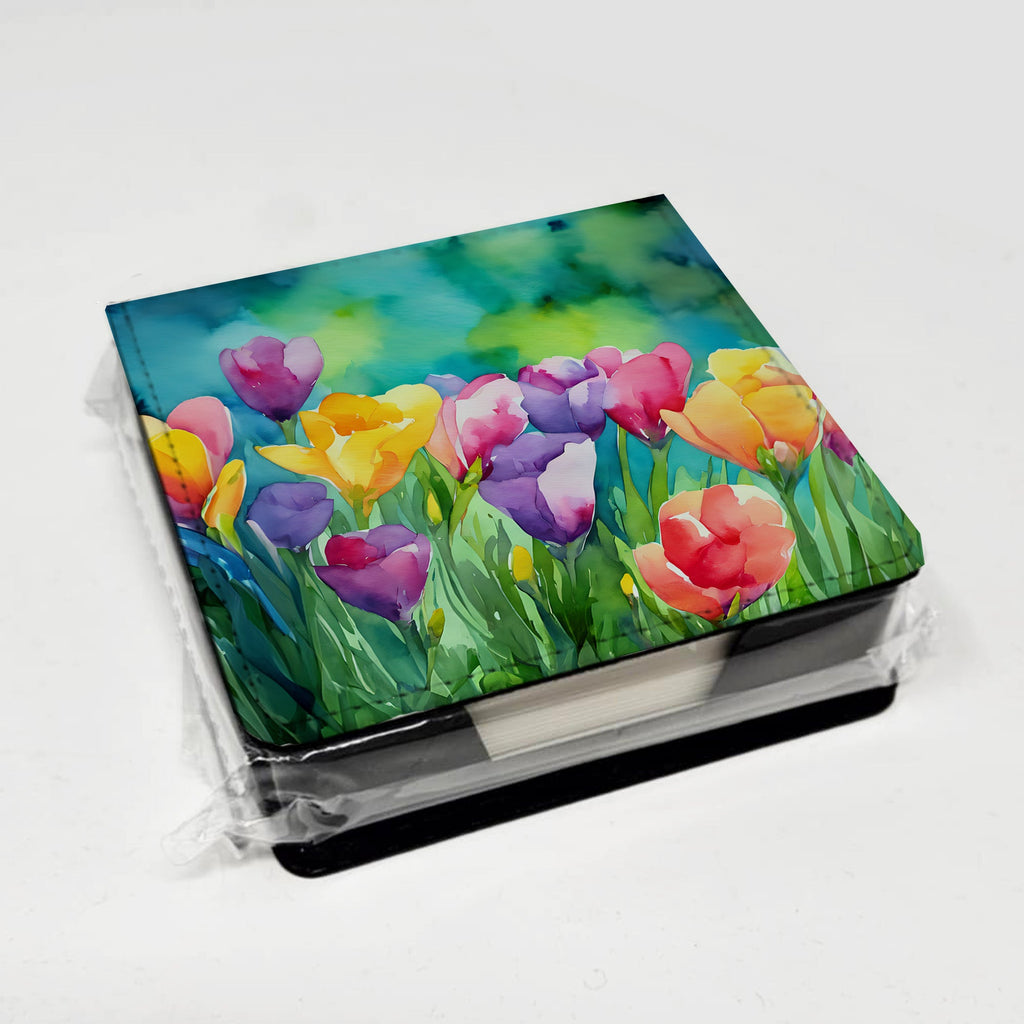 Freesias in Watercolor PU Leather Note Paper Holder with Artist-Designed Cover, Desk Accessory, Office Gift