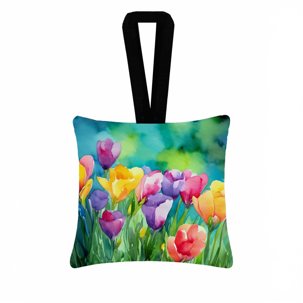Freesias in Watercolor Hanging Square Fabric Ornament 3.5 × 3.5 Decorative Door-Knob & Tree Hanger, Soft Fabric