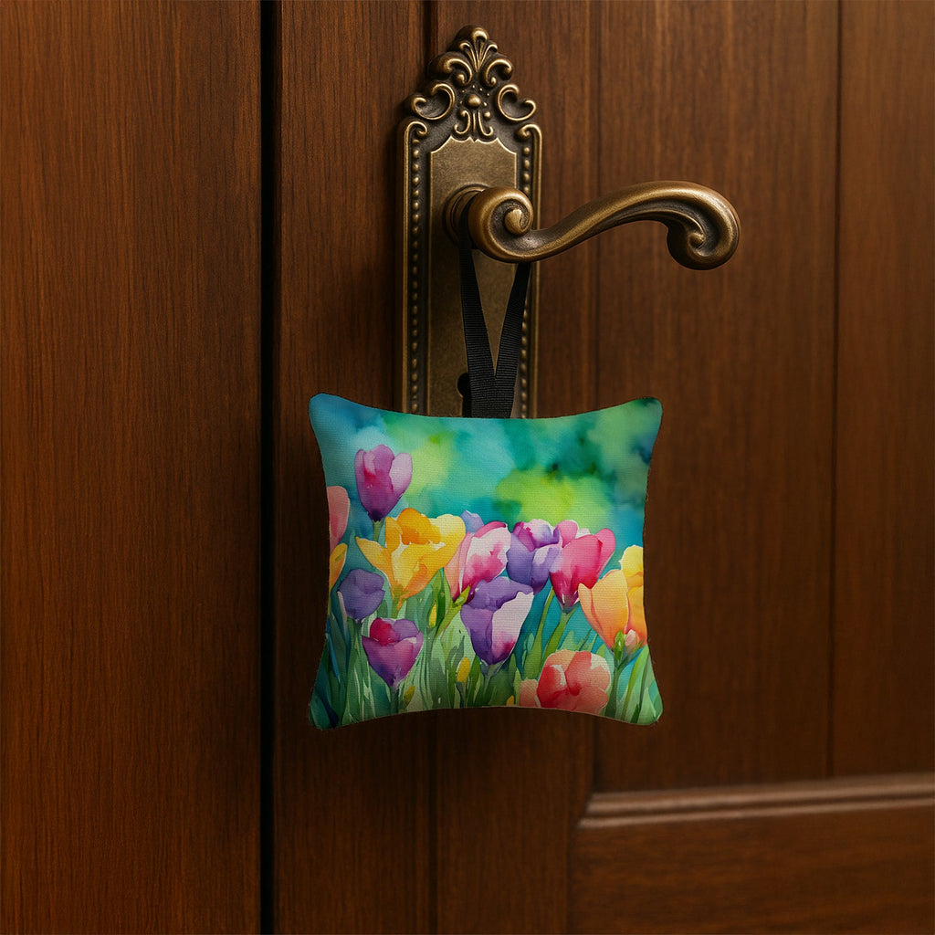 Freesias in Watercolor Hanging Square Fabric Ornament 3.5 × 3.5 Decorative Door-Knob & Tree Hanger, Soft Fabric