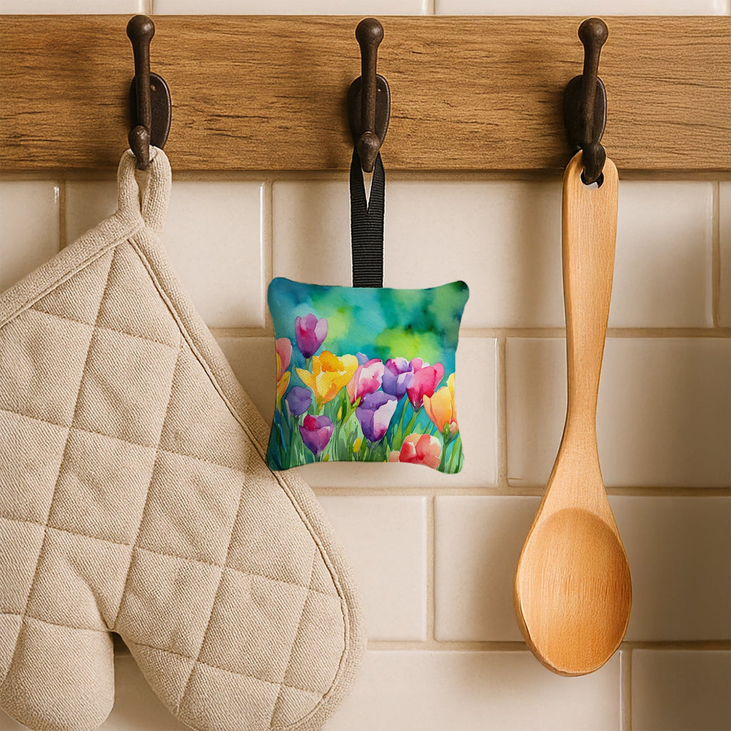 Freesias in Watercolor Hanging Square Fabric Ornament 3.5 × 3.5 Decorative Door-Knob & Tree Hanger, Soft Fabric