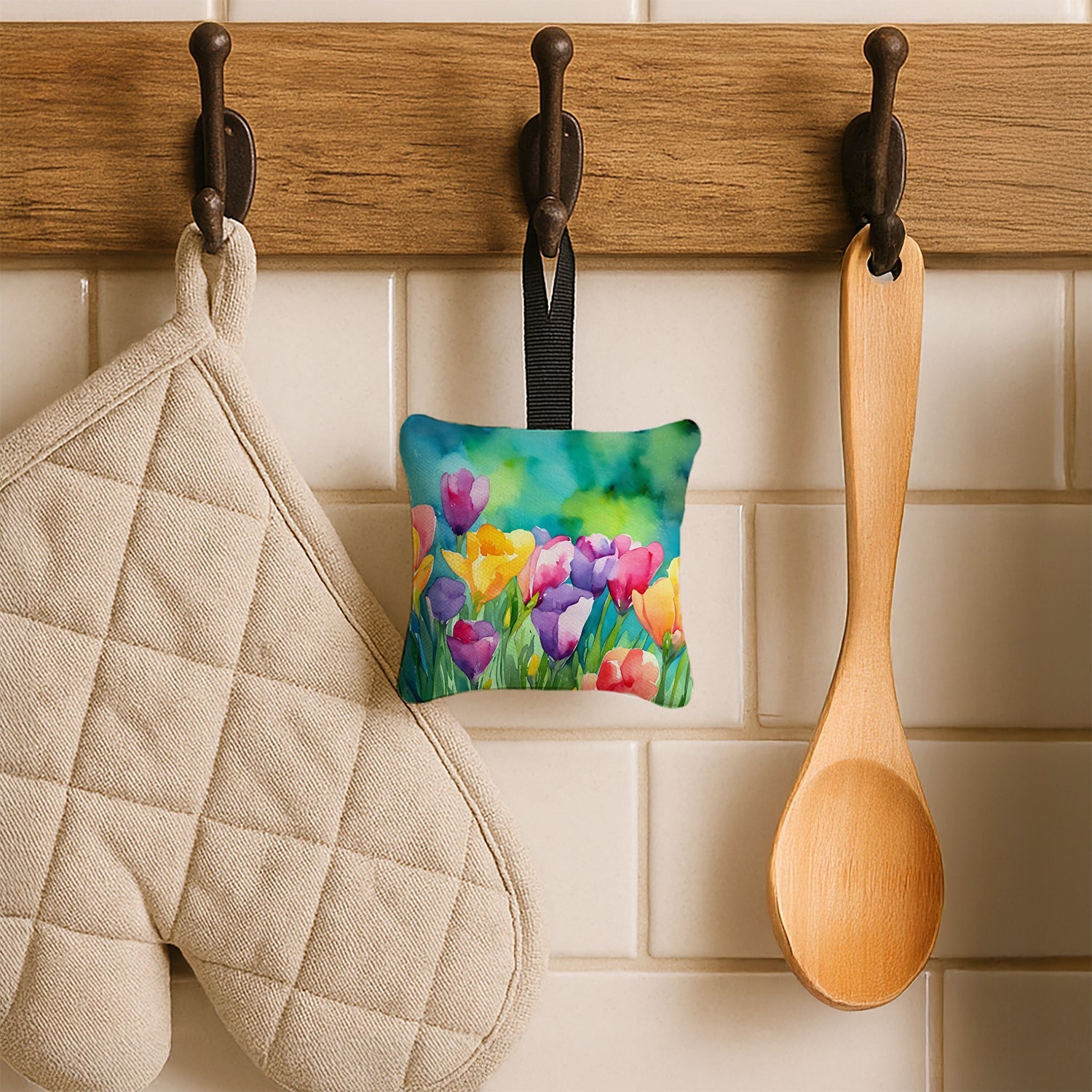 Freesias in Watercolor Hanging Square Fabric Ornament 3.5 × 3.5 Decorative Door-Knob & Tree Hanger, Soft Fabric