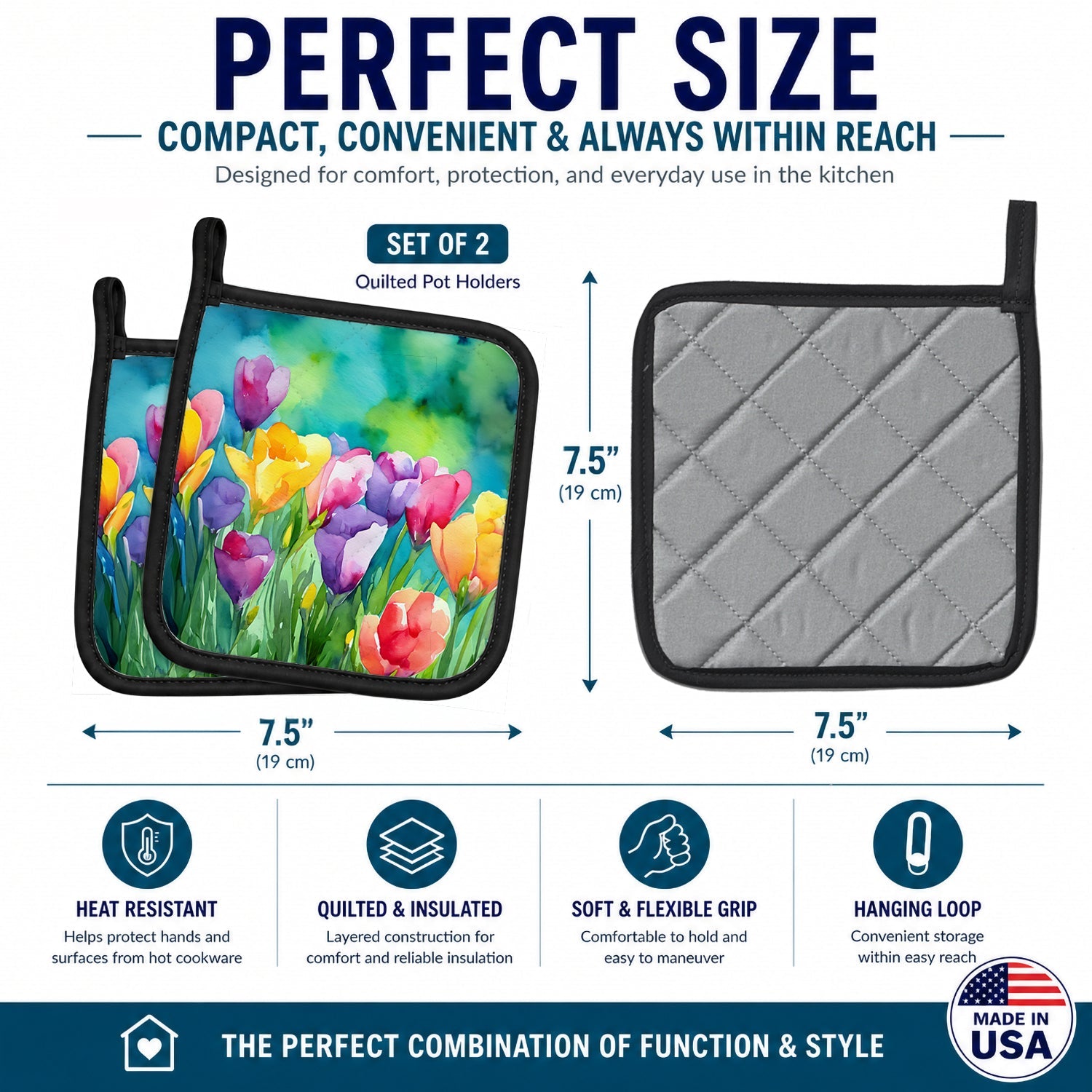 Freesias in Watercolor Pot Holder Set of 2 Heat Resistant Quilted Hot Pads 7.5 x 7.5 Inch, Insulated Kitchen Trivets for Cooking & Baking