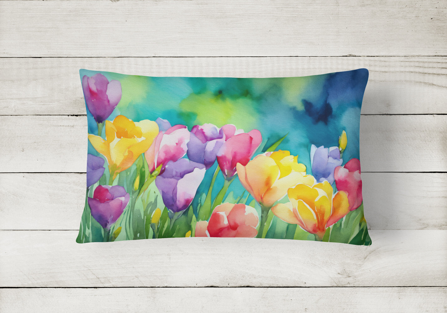 Freesias in Watercolor Decorative Throw Pillow 12x16 Indoor Outdoor Accent Cushion, Fabric Cover with Insert for Sofa, Bed, Porch & Living Room