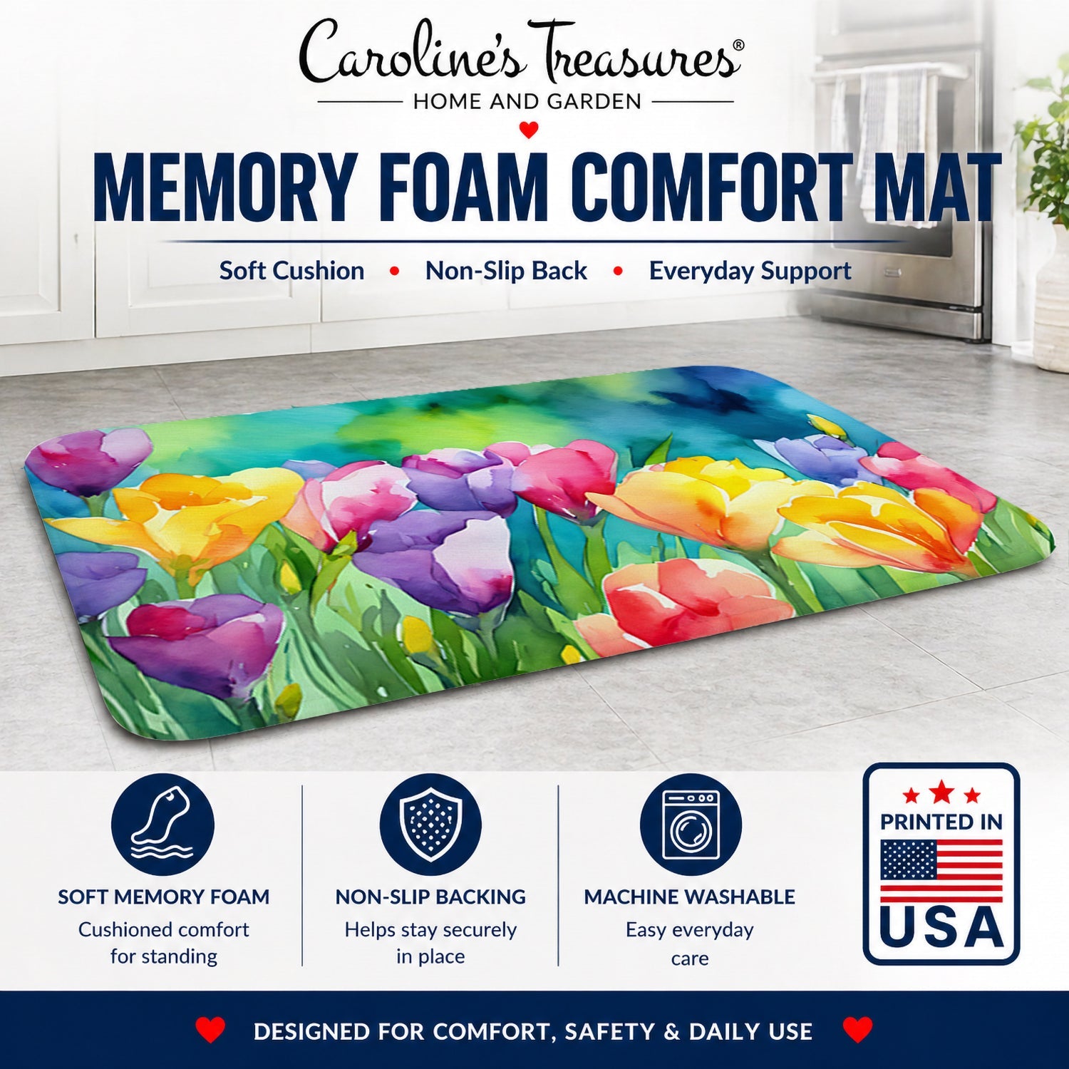 Freesias in Watercolor Memory Foam Kitchen Mat Machine Washable Anti-Fatigue Cushion Comfort Bath or Kitchen Rug