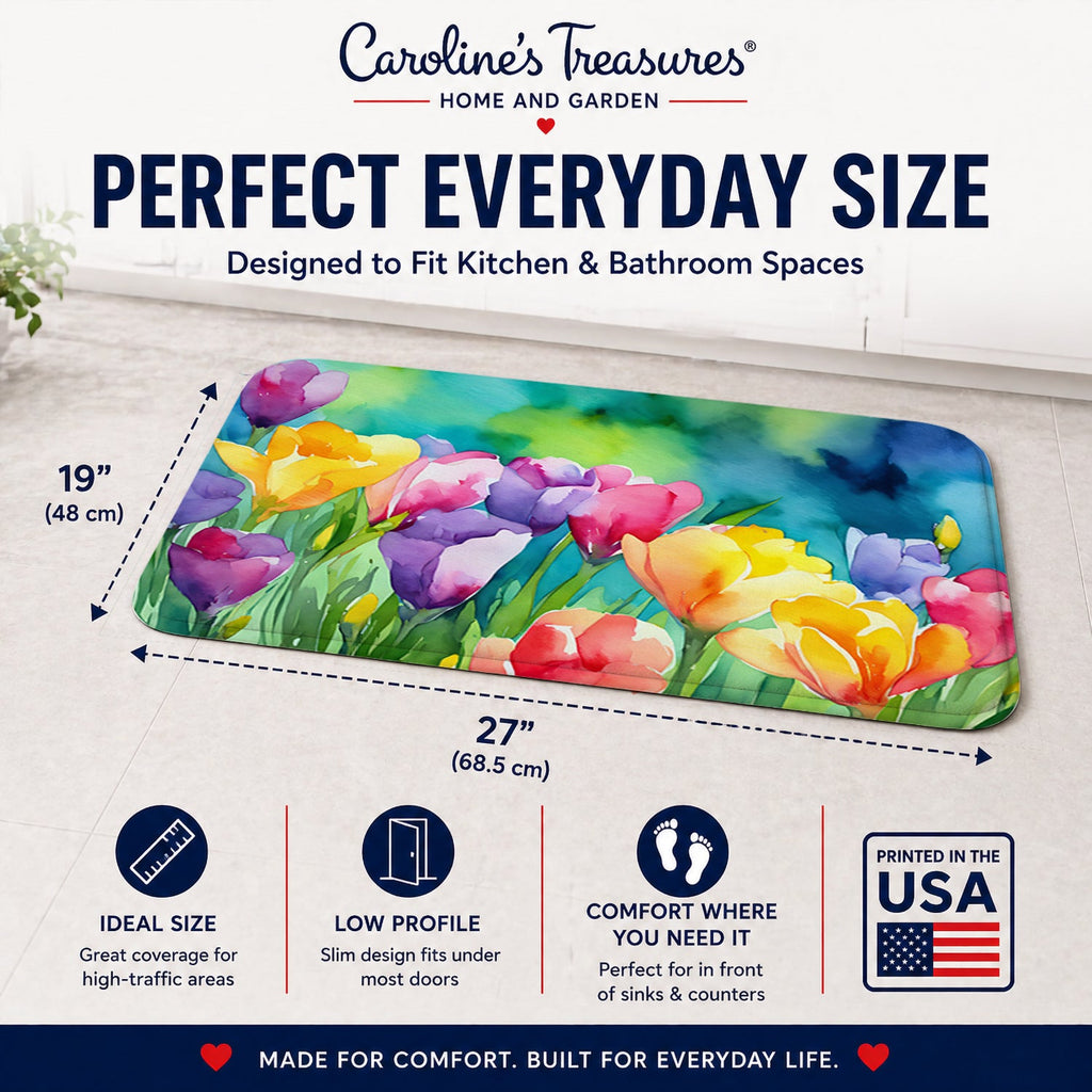 Freesias in Watercolor Memory Foam Kitchen Mat Machine Washable Anti-Fatigue Cushion Comfort Bath or Kitchen Rug