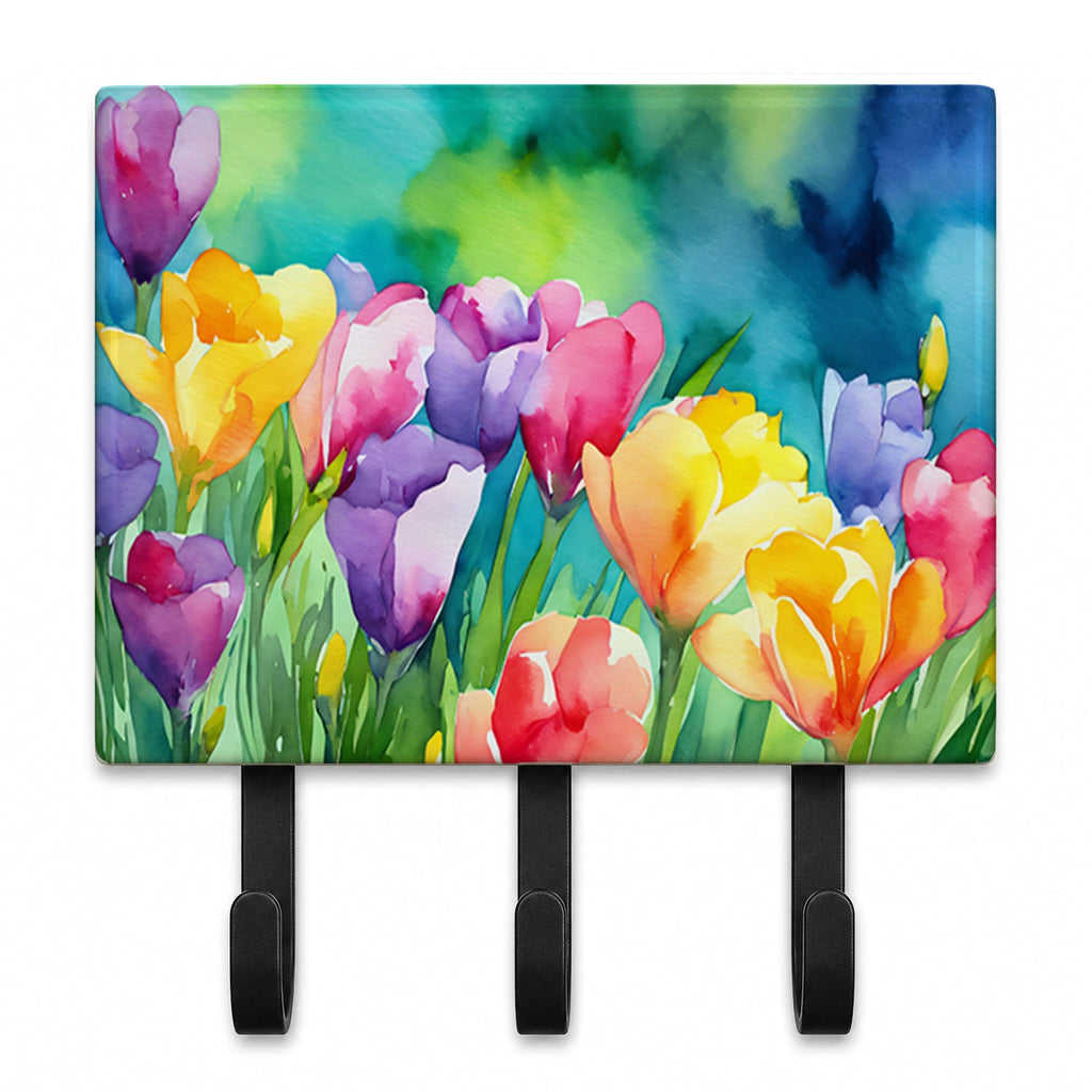 Freesias in Watercolor Leash or Key Holder Wall Hooks, Coat Rack Wall Mount, for Hanging Keys, Towels, Aprons, Leashes