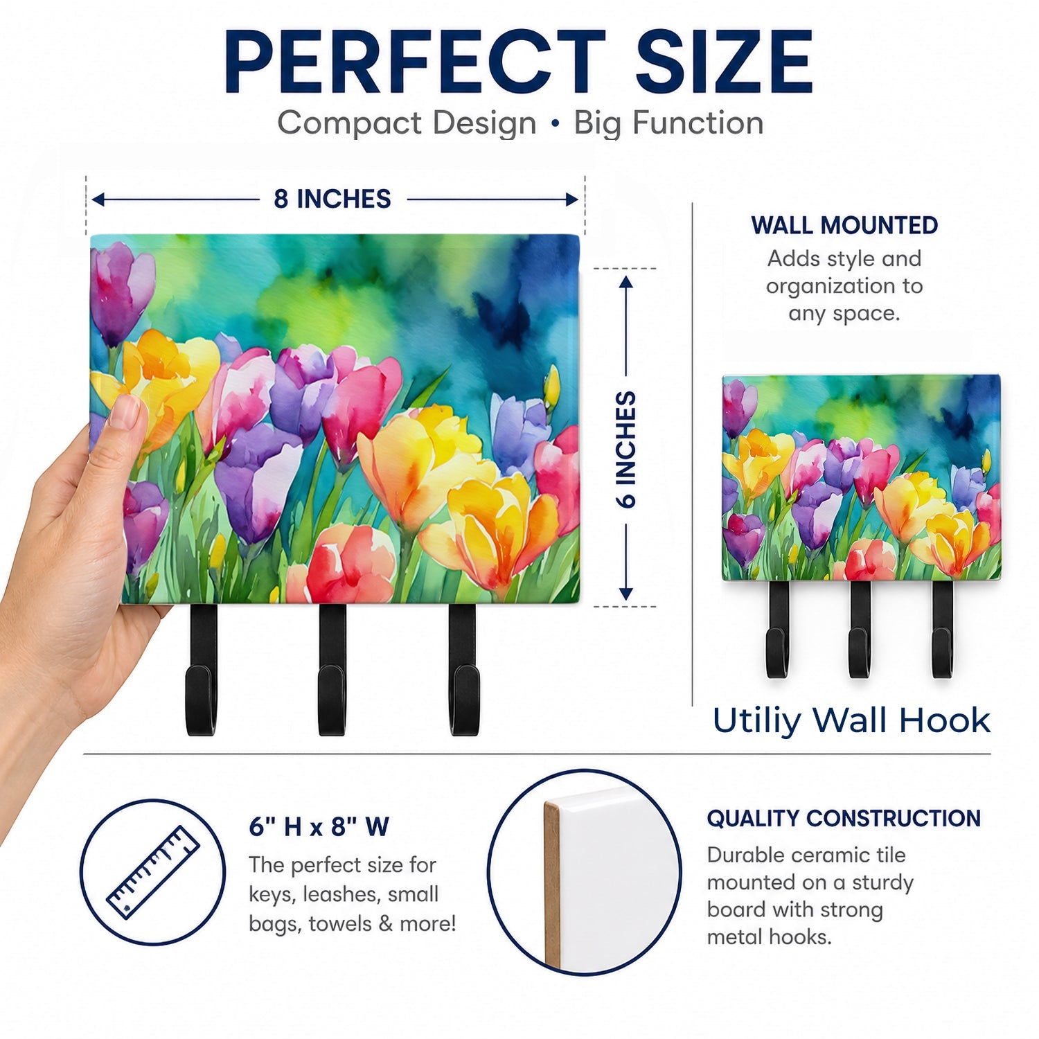 Freesias in Watercolor Leash or Key Holder Wall Hooks, Coat Rack Wall Mount, for Hanging Keys, Towels, Aprons, Leashes