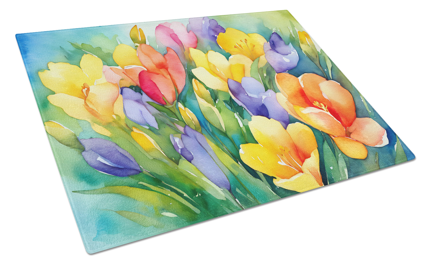 Freesias in Watercolor Cutting Board Tempered Glass Kitchen Cutting Surface, Heat Resistant Chopping, Non-Slip Feet, Food Prep & Serving