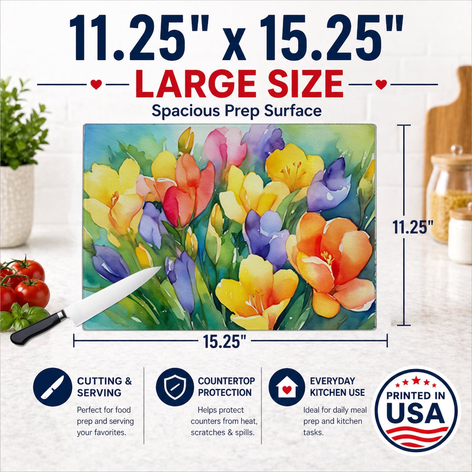 Freesias in Watercolor Cutting Board Tempered Glass Kitchen Cutting Surface, Heat Resistant Chopping, Non-Slip Feet, Food Prep & Serving