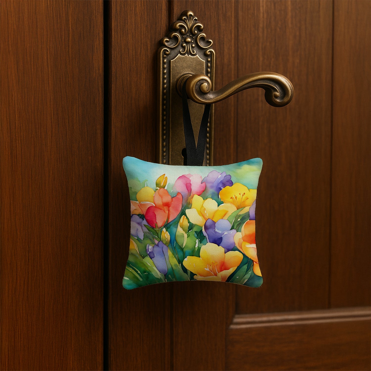Freesias in Watercolor Hanging Square Fabric Ornament 3.5 × 3.5 Decorative Door-Knob & Tree Hanger, Soft Fabric