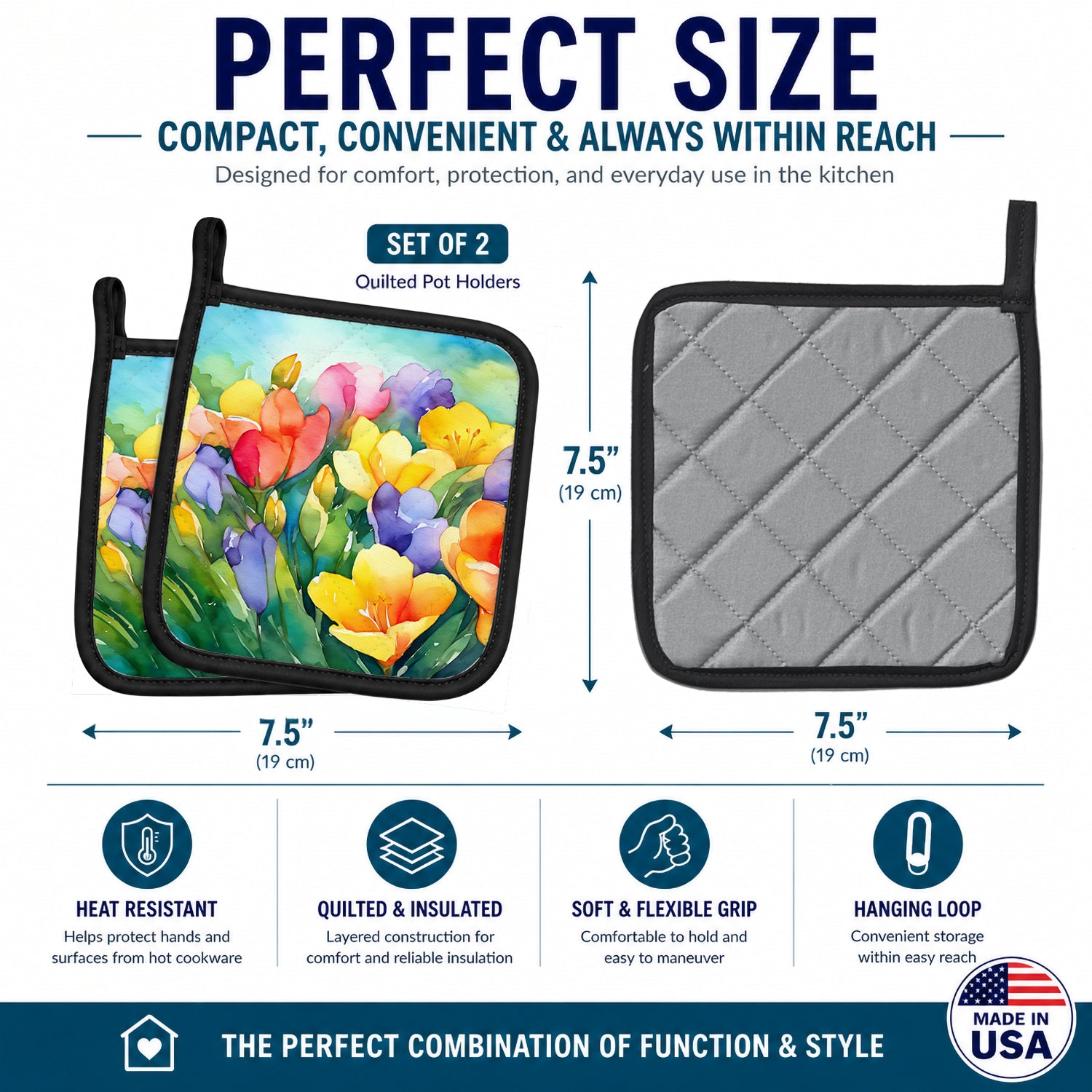 Freesias in Watercolor Pot Holder Set of 2 Heat Resistant Quilted Hot Pads 7.5 x 7.5 Inch, Insulated Kitchen Trivets for Cooking & Baking