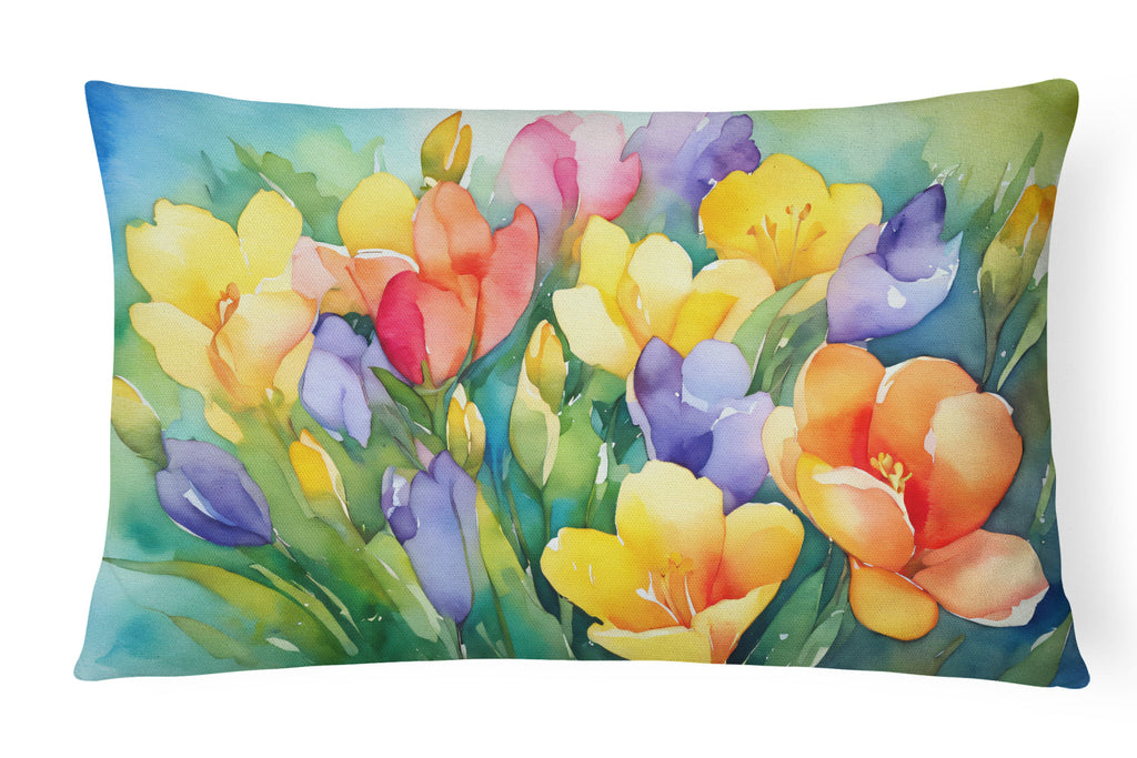 Freesias in Watercolor Decorative Throw Pillow 12x16 Indoor Outdoor Accent Cushion, Fabric Cover with Insert for Sofa, Bed, Porch & Living Room