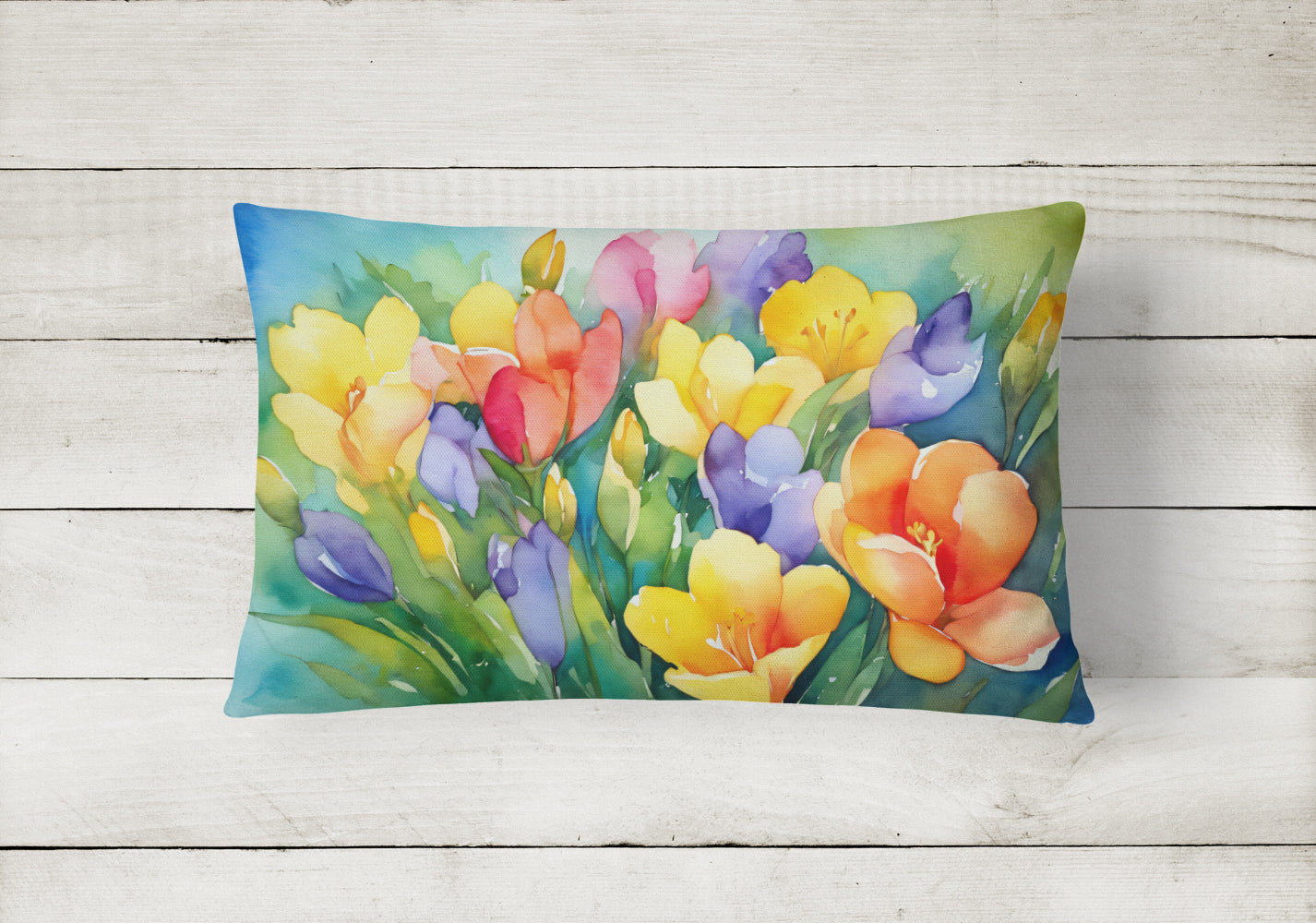 Freesias in Watercolor Decorative Throw Pillow 12x16 Indoor Outdoor Accent Cushion, Fabric Cover with Insert for Sofa, Bed, Porch & Living Room