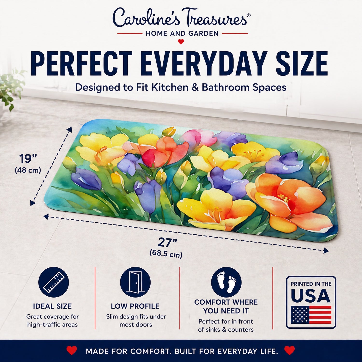 Freesias in Watercolor Memory Foam Kitchen Mat Machine Washable Anti-Fatigue Cushion Comfort Bath or Kitchen Rug