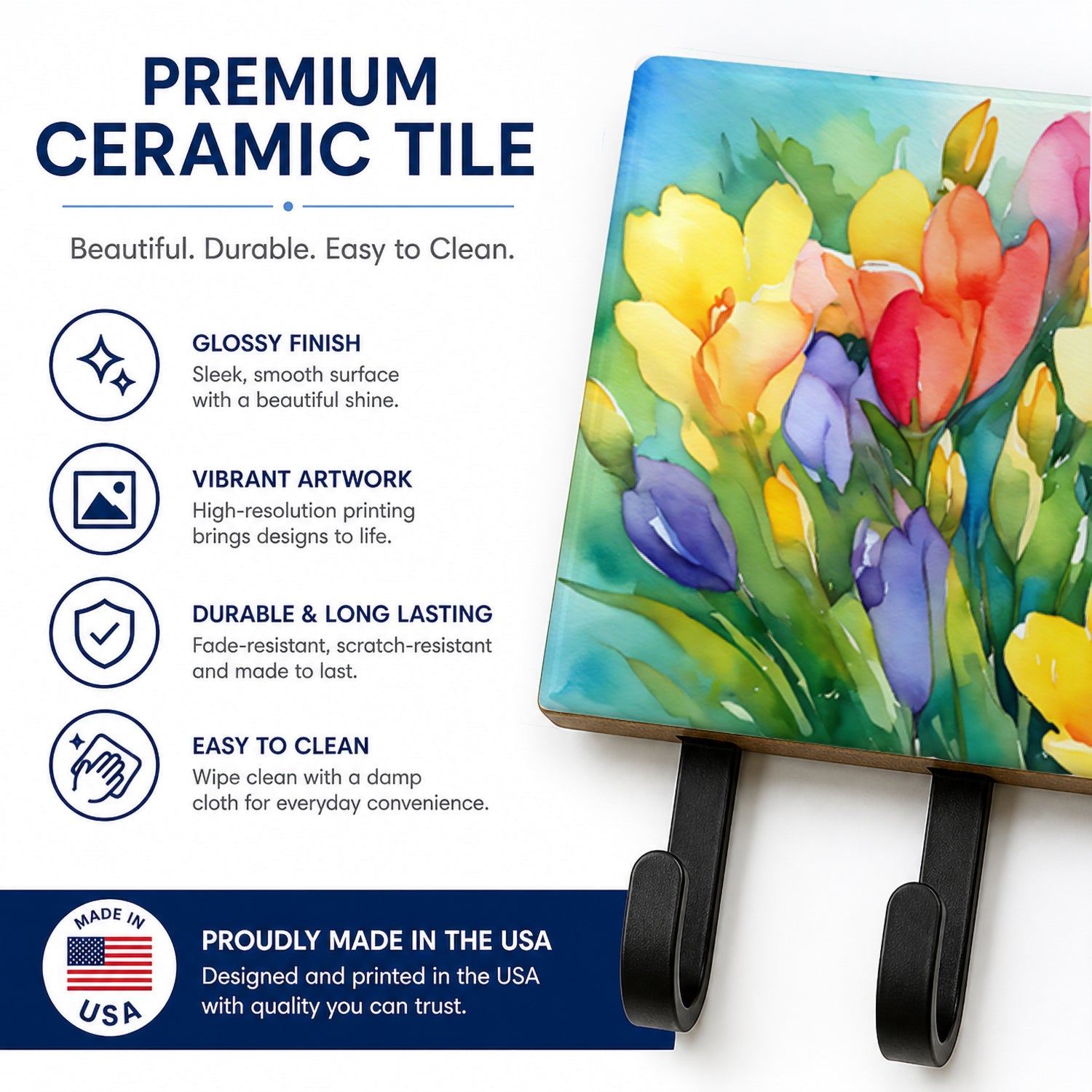 Freesias in Watercolor Leash or Key Holder Wall Hooks, Coat Rack Wall Mount, for Hanging Keys, Towels, Aprons, Leashes