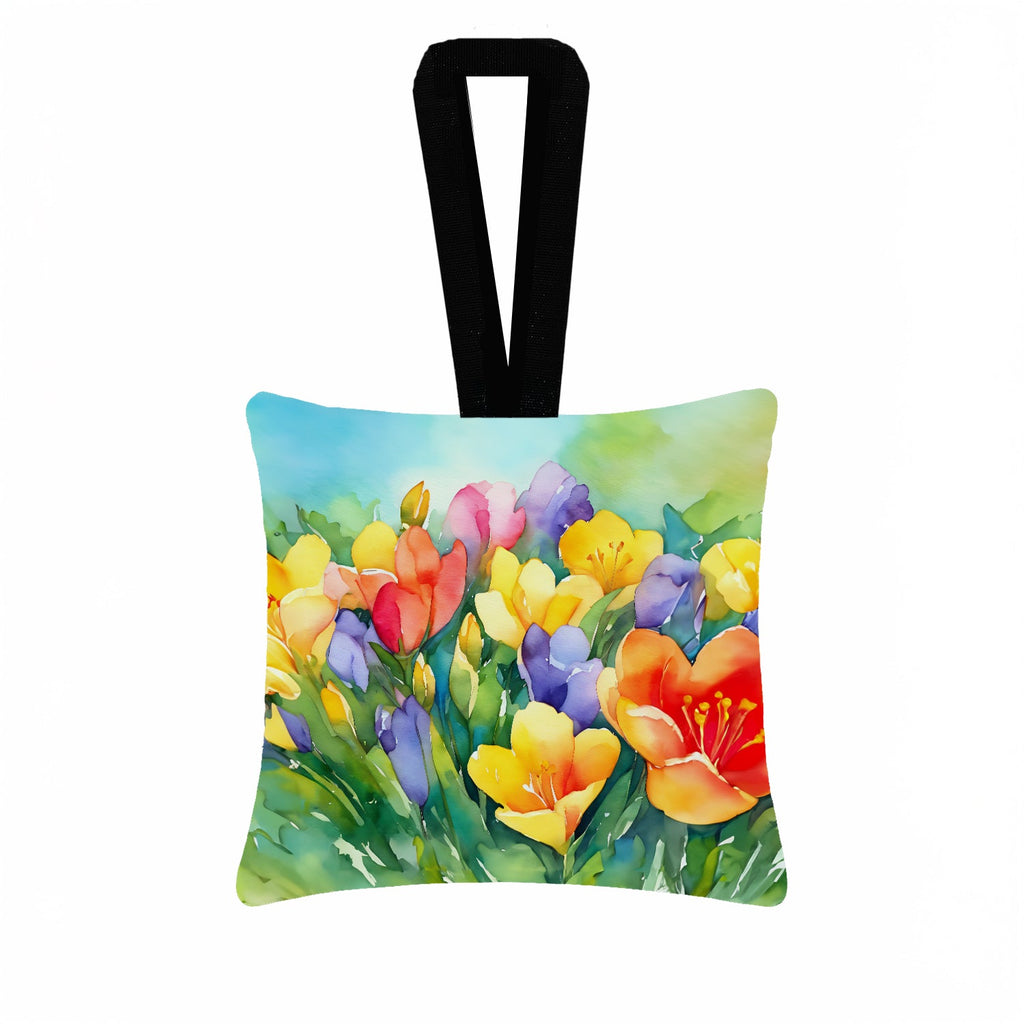 Freesias in Watercolor Hanging Square Fabric Ornament 3.5 × 3.5 Decorative Door-Knob & Tree Hanger, Soft Fabric