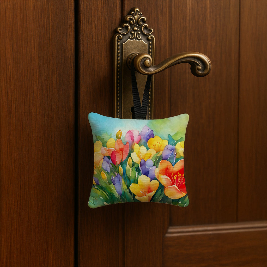 Freesias in Watercolor Hanging Square Fabric Ornament 3.5 × 3.5 Decorative Door-Knob & Tree Hanger, Soft Fabric