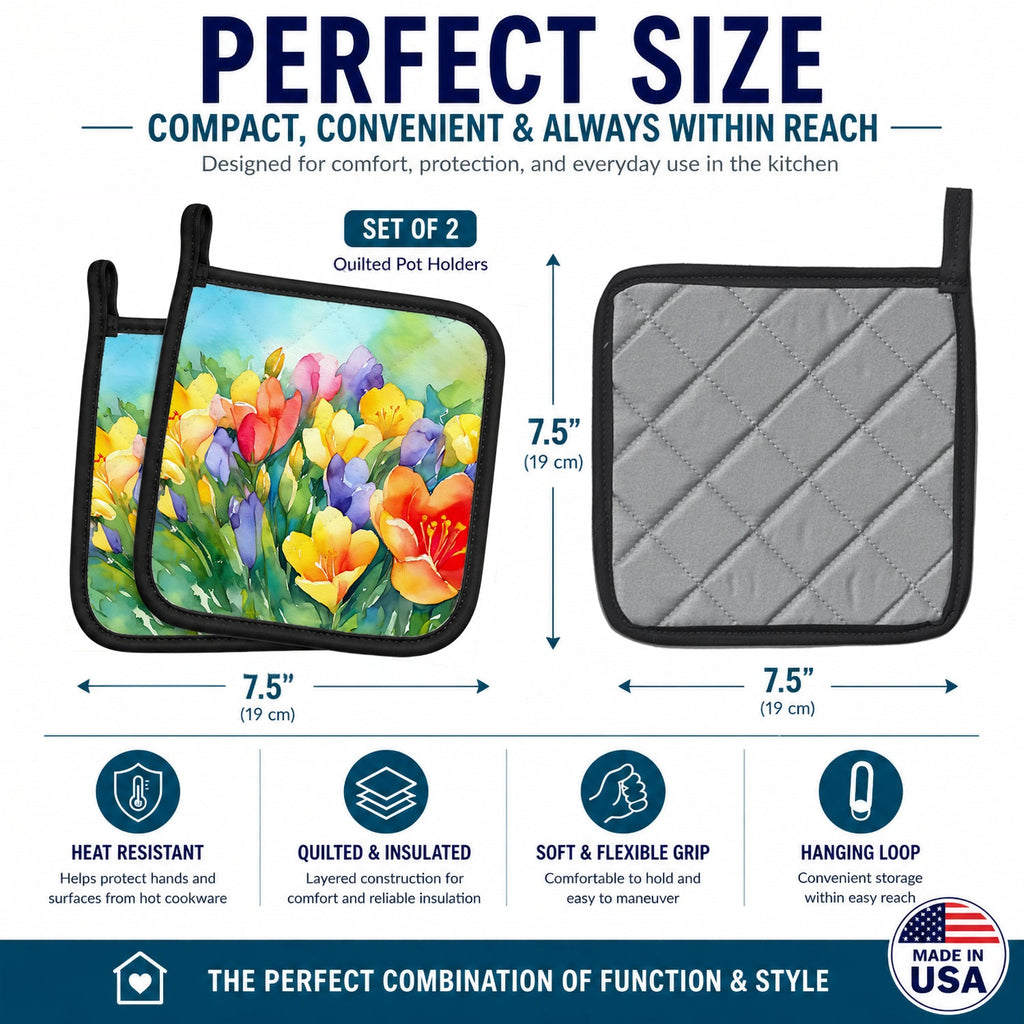 Freesias in Watercolor Pot Holder Set of 2 Heat Resistant Quilted Hot Pads 7.5 x 7.5 Inch, Insulated Kitchen Trivets for Cooking & Baking