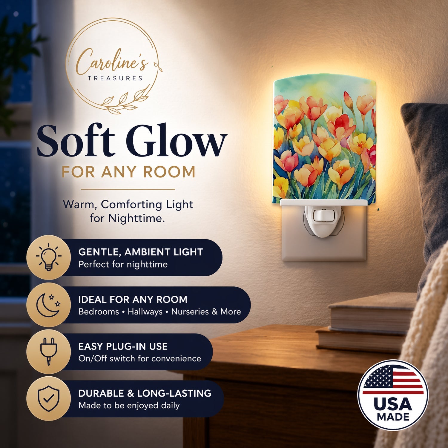 Freesias in Watercolor Ceramic Night Light Compact, UL-Certified, Ideal for Bedroom, Bathroom, Nursery, Hallway, Kitchen, 6x4x3, Multicolor