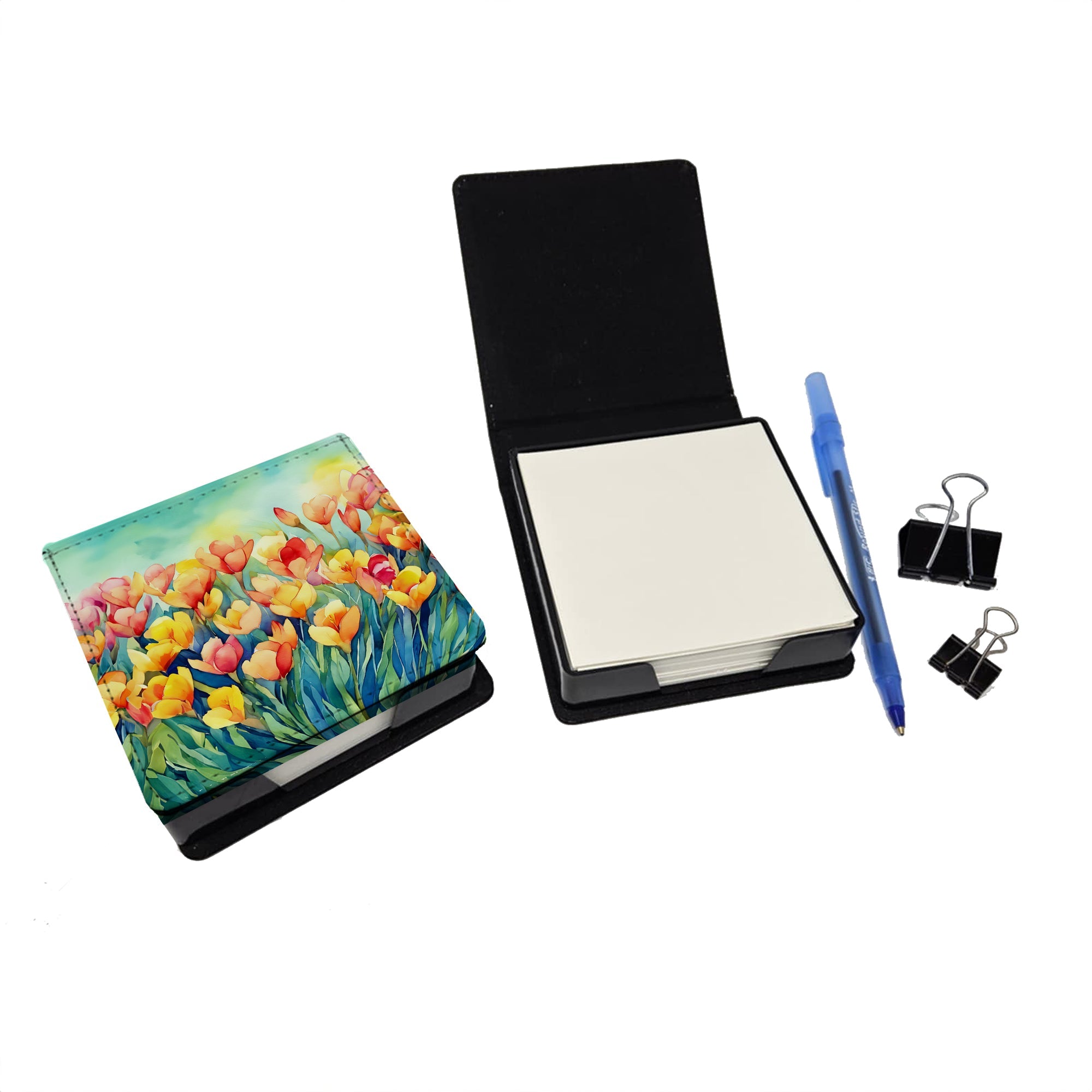 Freesias in Watercolor PU Leather Note Paper Holder with Artist-Designed Cover, Desk Accessory, Office Gift