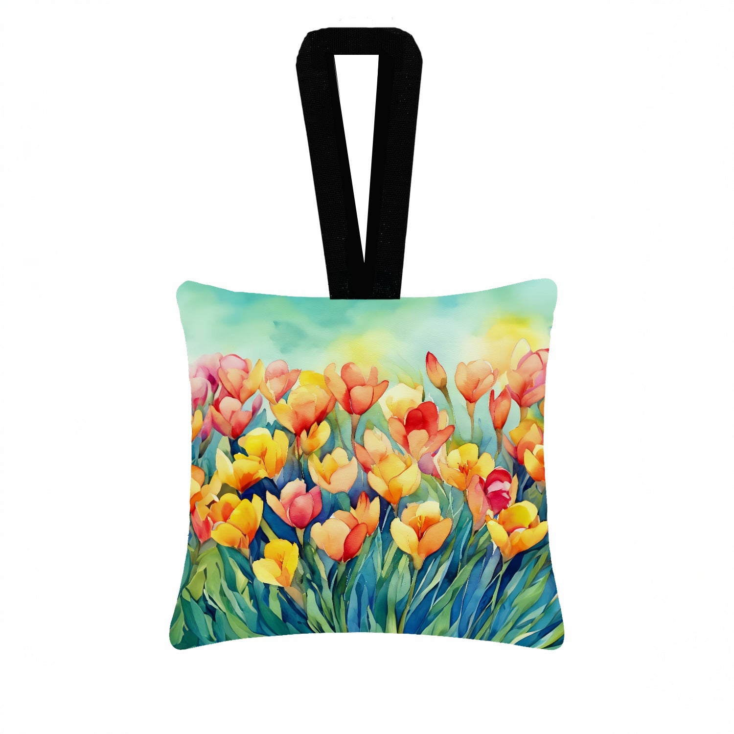 Freesias in Watercolor Hanging Square Fabric Ornament 3.5 × 3.5 Decorative Door-Knob & Tree Hanger, Soft Fabric