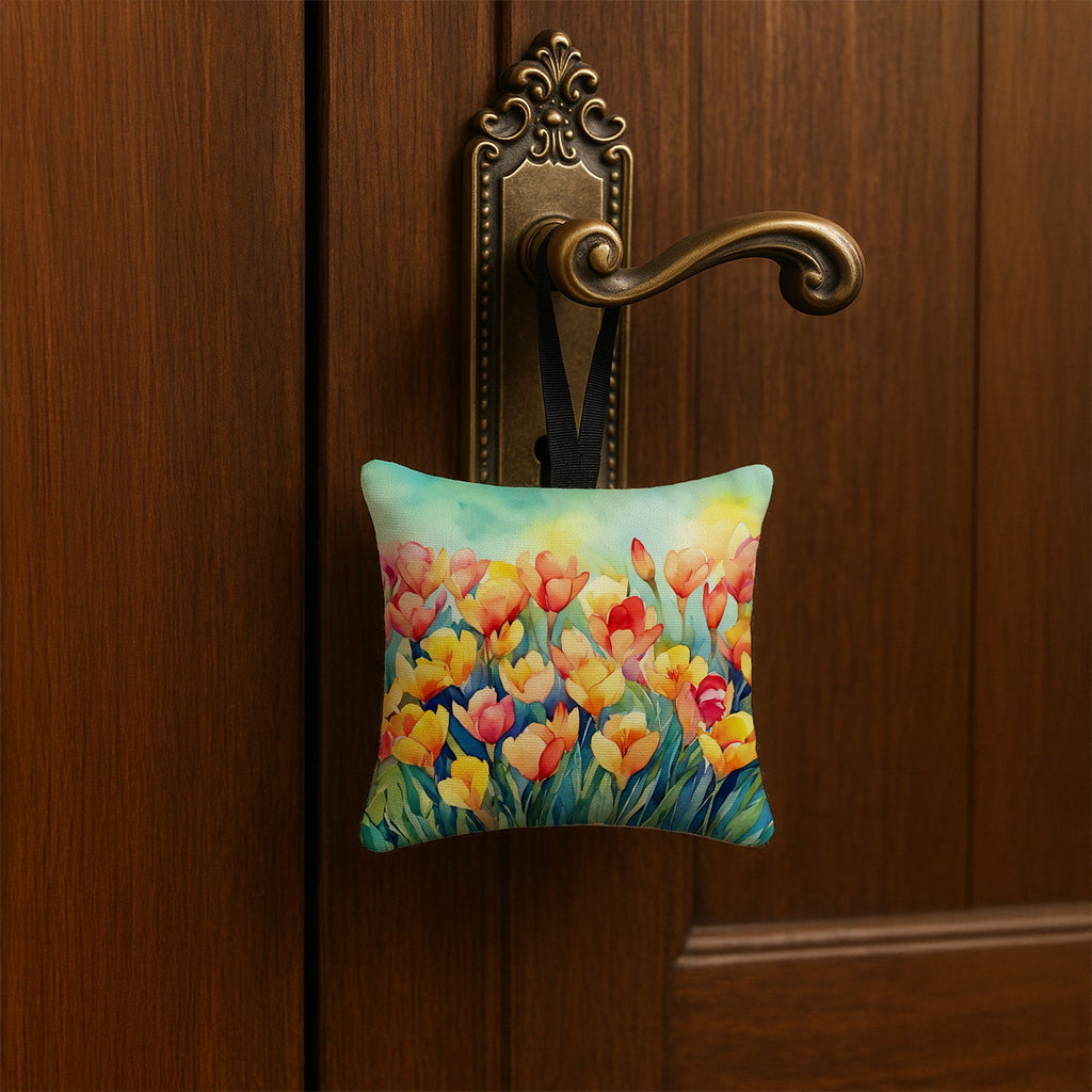 Freesias in Watercolor Hanging Square Fabric Ornament 3.5 × 3.5 Decorative Door-Knob & Tree Hanger, Soft Fabric