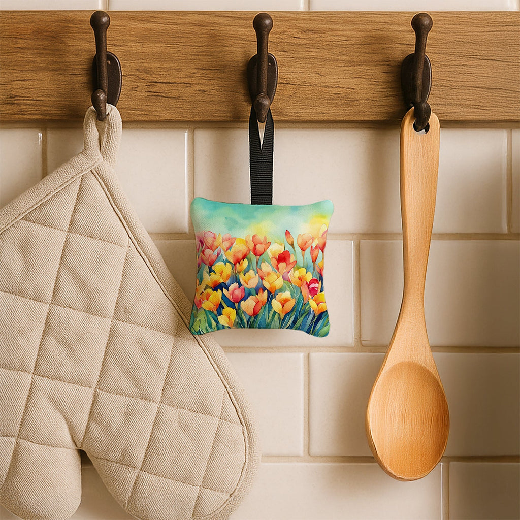 Freesias in Watercolor Hanging Square Fabric Ornament 3.5 × 3.5 Decorative Door-Knob & Tree Hanger, Soft Fabric