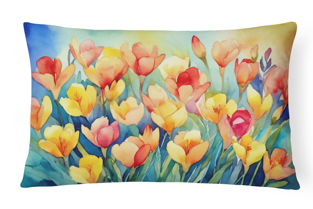 Freesias in Watercolor Decorative Throw Pillow 12x16 Indoor Outdoor Accent Cushion, Fabric Cover with Insert for Sofa, Bed, Porch & Living Room