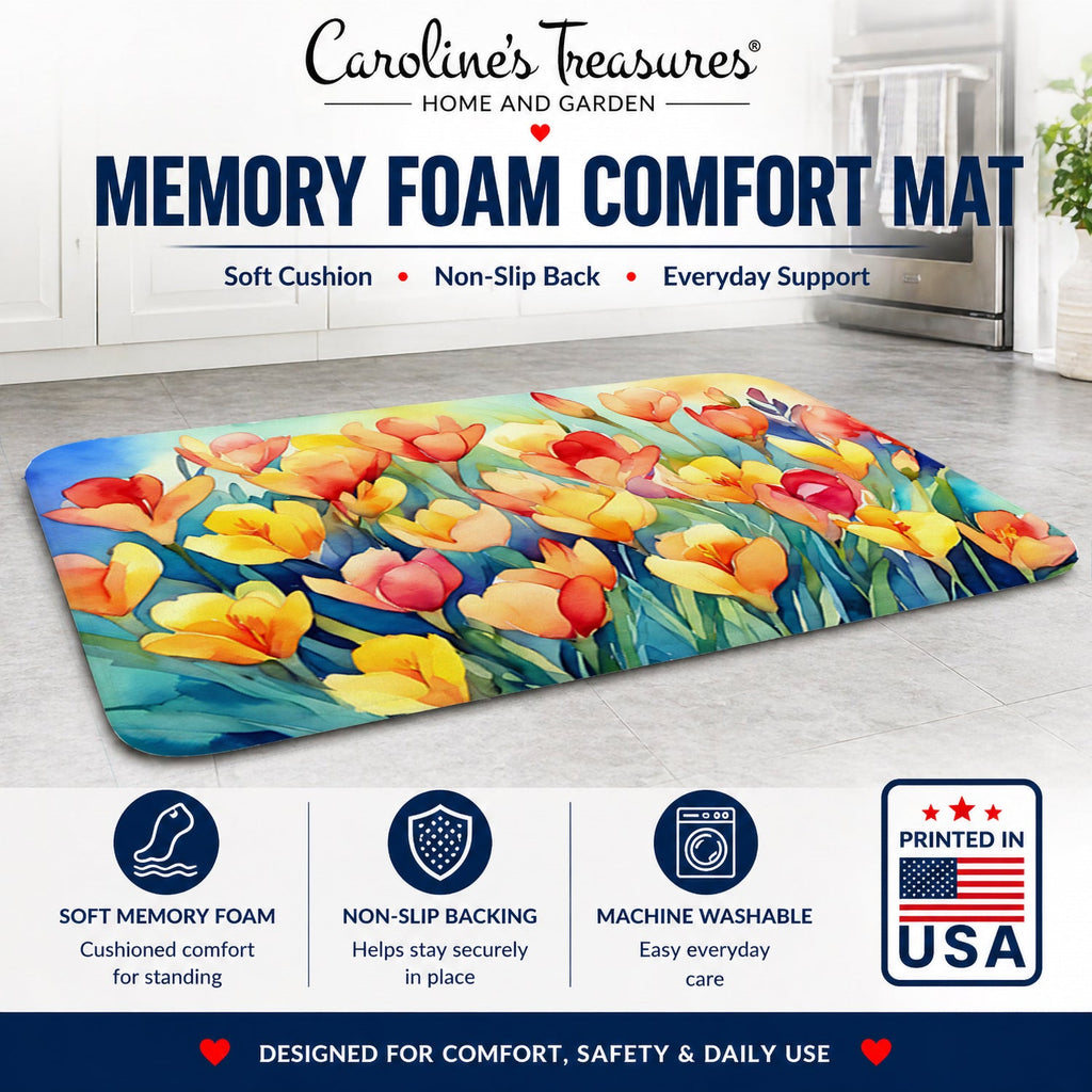 Freesias in Watercolor Memory Foam Kitchen Mat Machine Washable Anti-Fatigue Cushion Comfort Bath or Kitchen Rug