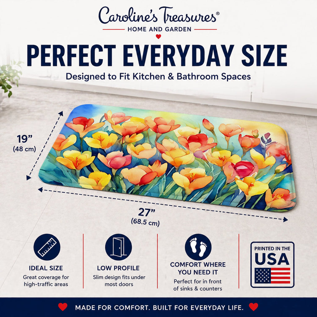 Freesias in Watercolor Memory Foam Kitchen Mat Machine Washable Anti-Fatigue Cushion Comfort Bath or Kitchen Rug