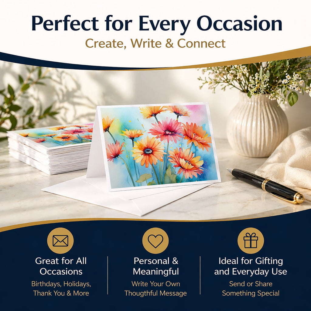 Gerbera Daisies in Watercolor Greeting Cards Pack of 8 Blank Cards with Envelopes Whimsical A7 Size 5x7
