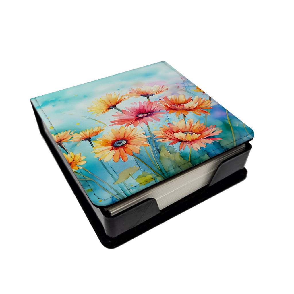 Gerbera Daisies in Watercolor PU Leather Note Paper Holder with Artist-Designed Cover, Desk Accessory, Office Gift