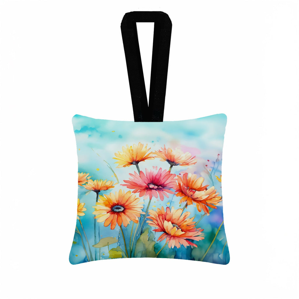 Gerbera Daisies in Watercolor Hanging Square Fabric Ornament 3.5 × 3.5 Decorative Door-Knob & Tree Hanger, Soft Fabric
