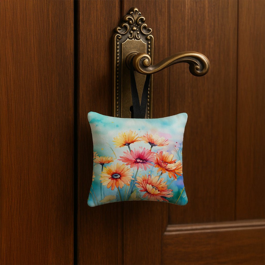 Gerbera Daisies in Watercolor Hanging Square Fabric Ornament 3.5 × 3.5 Decorative Door-Knob & Tree Hanger, Soft Fabric