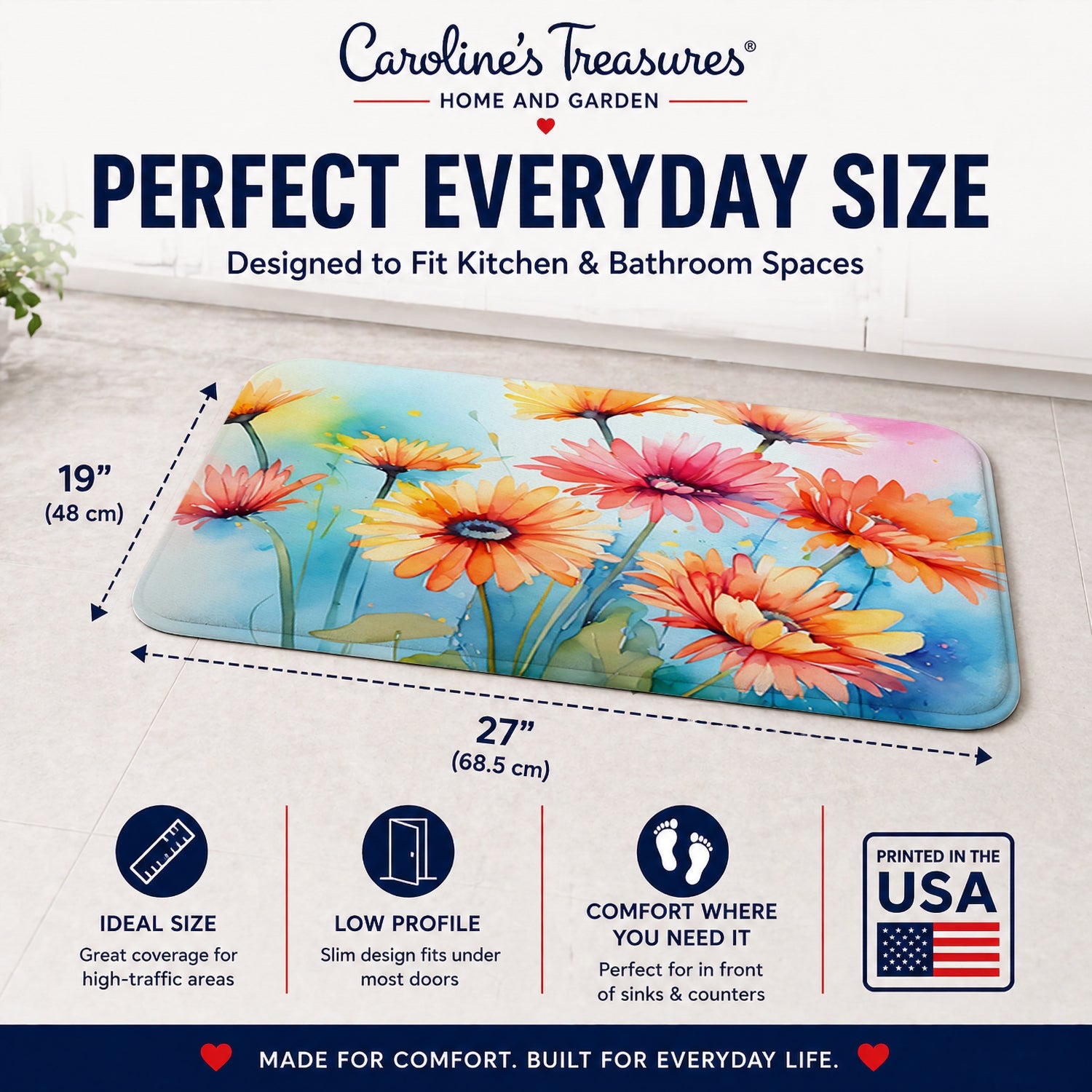 Gerbera Daisies in Watercolor Memory Foam Kitchen Mat Machine Washable Anti-Fatigue Cushion Comfort Bath or Kitchen Rug