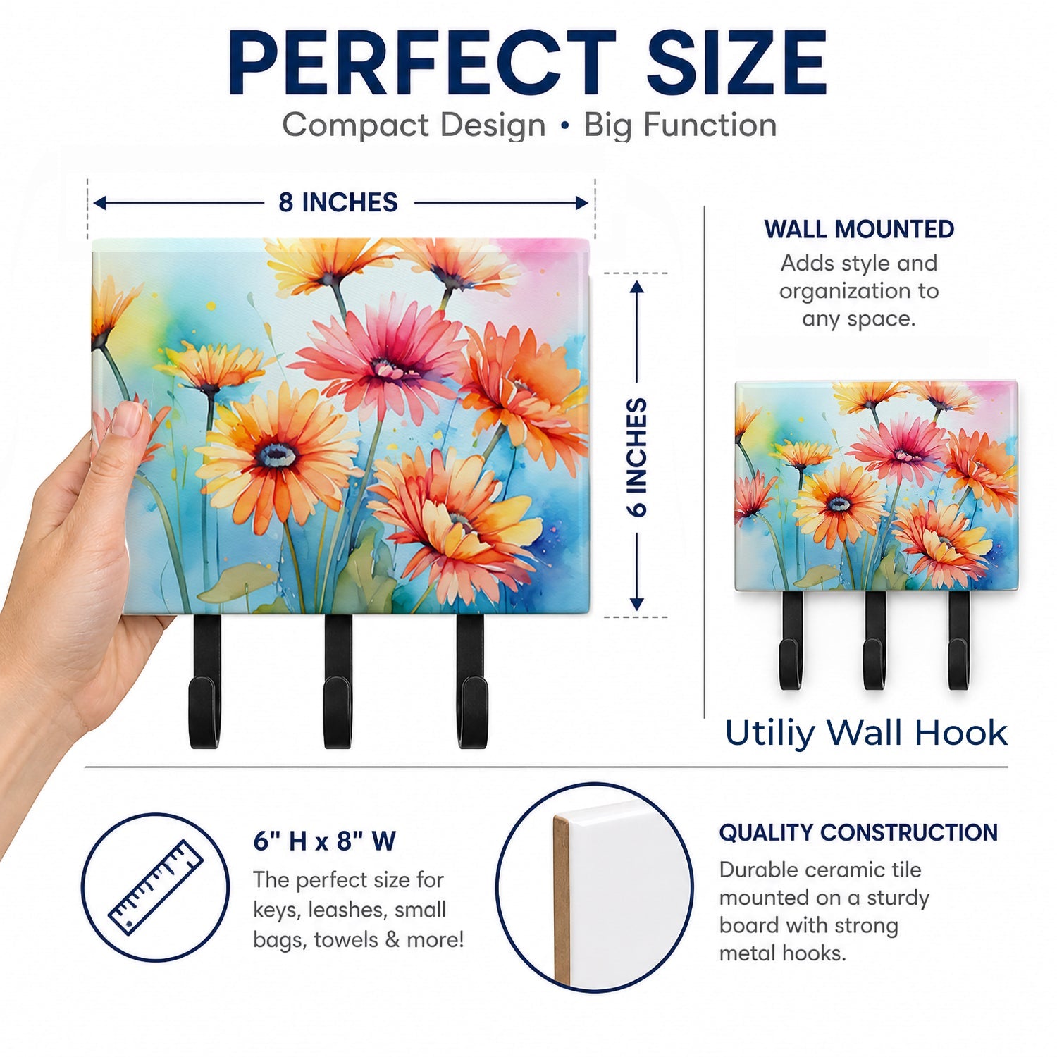 Gerbera Daisies in Watercolor Leash or Key Holder Wall Hooks, Coat Rack Wall Mount, for Hanging Keys, Towels, Aprons, Leashes