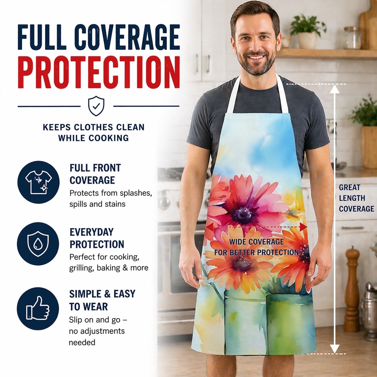 Gerbera Daisies in Watercolor Apron Cooking Kitchen Server Baking Crafts Gardening for Adult Women Men, Unisex, Large, Multicolor