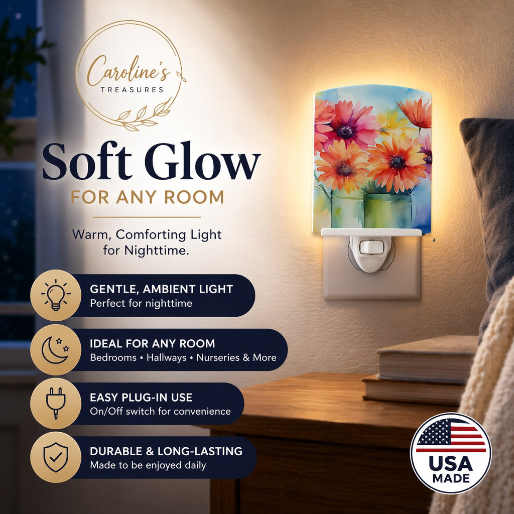 Gerbera Daisies in Watercolor Ceramic Night Light Compact, UL-Certified, Ideal for Bedroom, Bathroom, Nursery, Hallway, Kitchen, 6x4x3, Multicolor