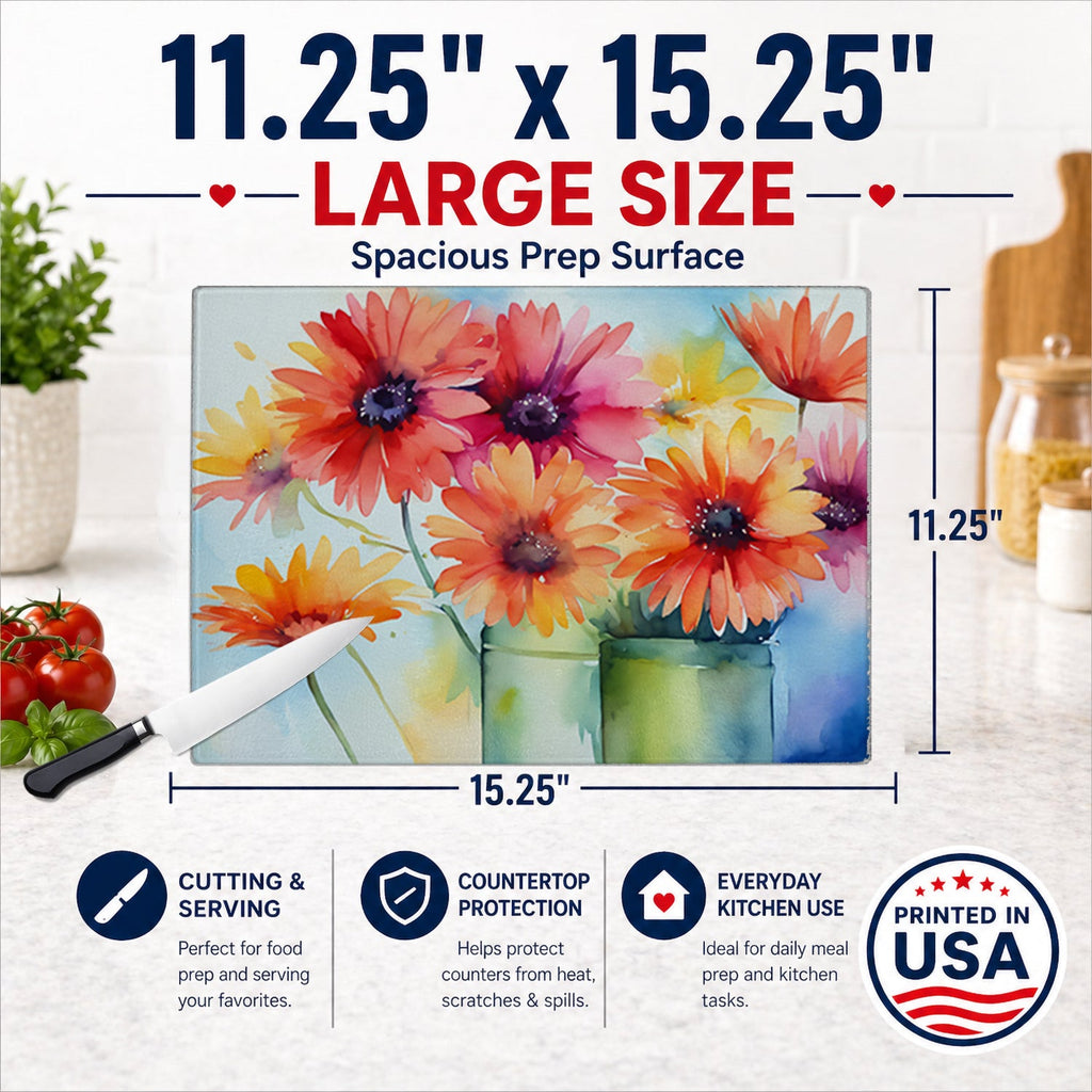 Gerbera Daisies in Watercolor Cutting Board Tempered Glass Kitchen Cutting Surface, Heat Resistant Chopping, Non-Slip Feet, Food Prep & Serving