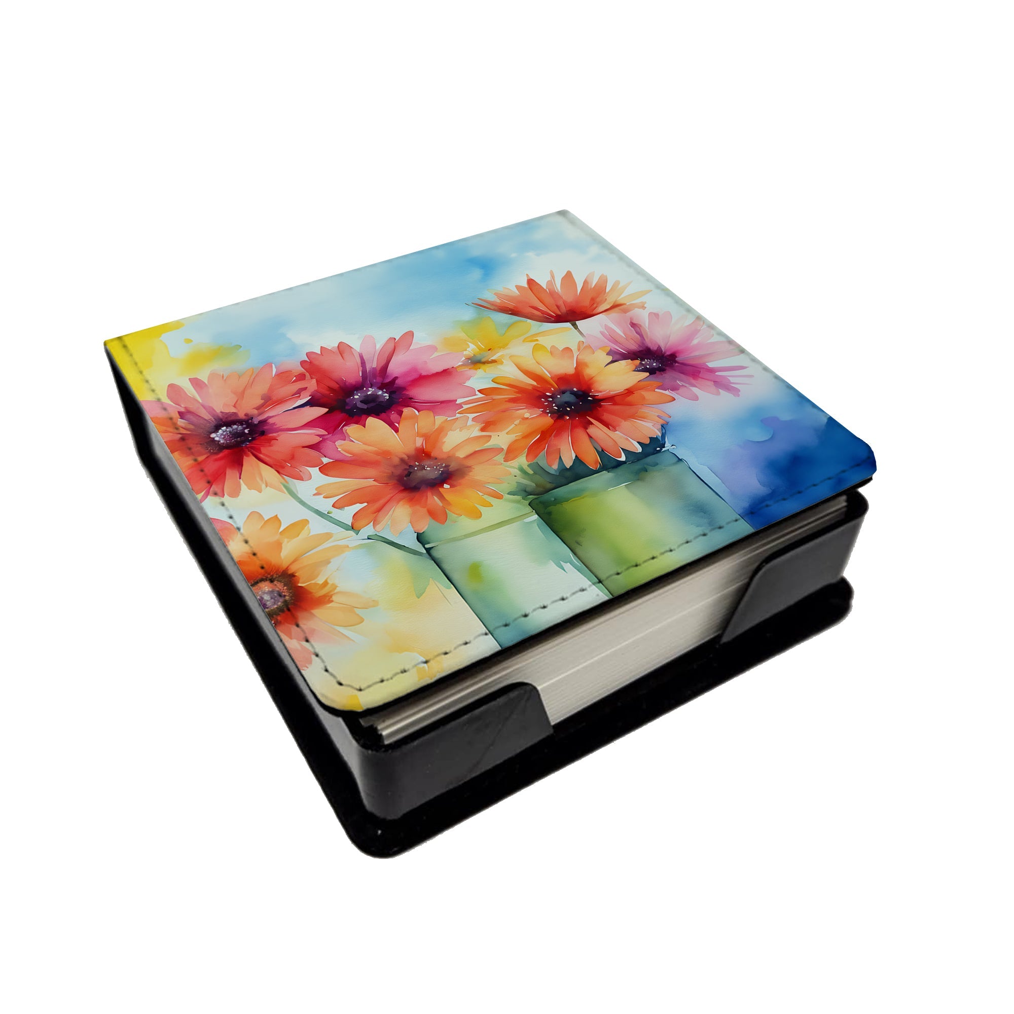 Gerbera Daisies in Watercolor PU Leather Note Paper Holder with Artist-Designed Cover, Desk Accessory, Office Gift